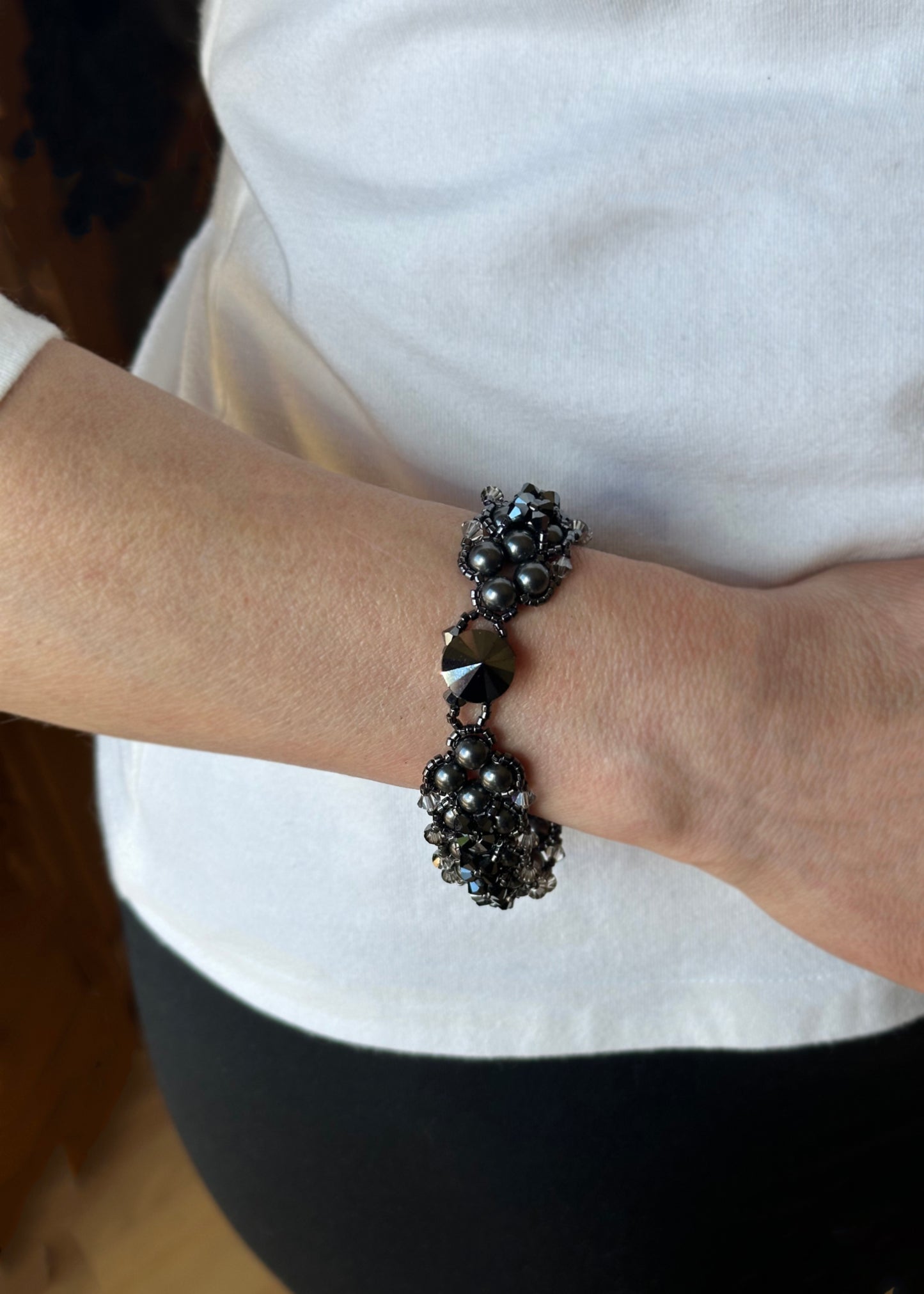 black swarovski pearl and crystal statement bracelet