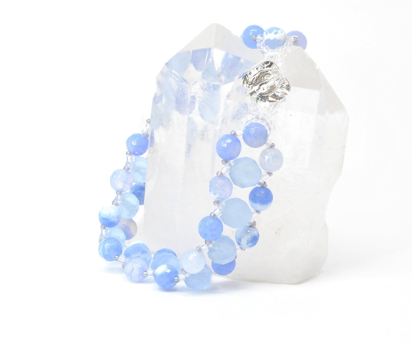Baby Blue and White Agate and Vintage Glass Beaded Bracelet