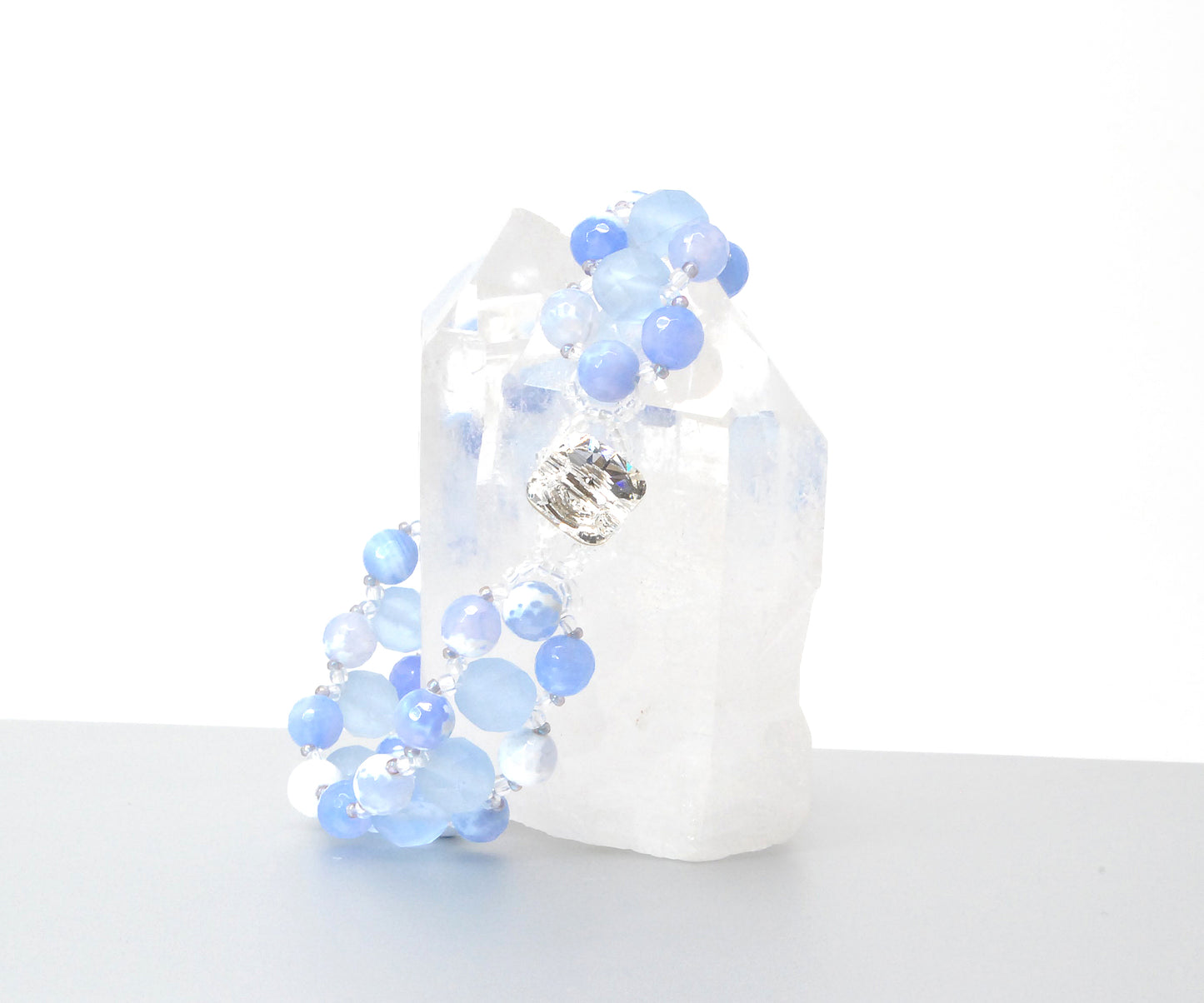 Baby Blue and White Agate and Vintage Glass Beaded Bracelet