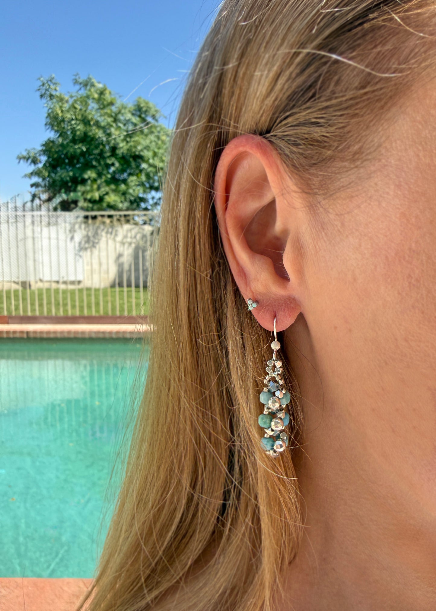 Peruvian Blue Opal and Star-Cut Hematite Dangle Earrings