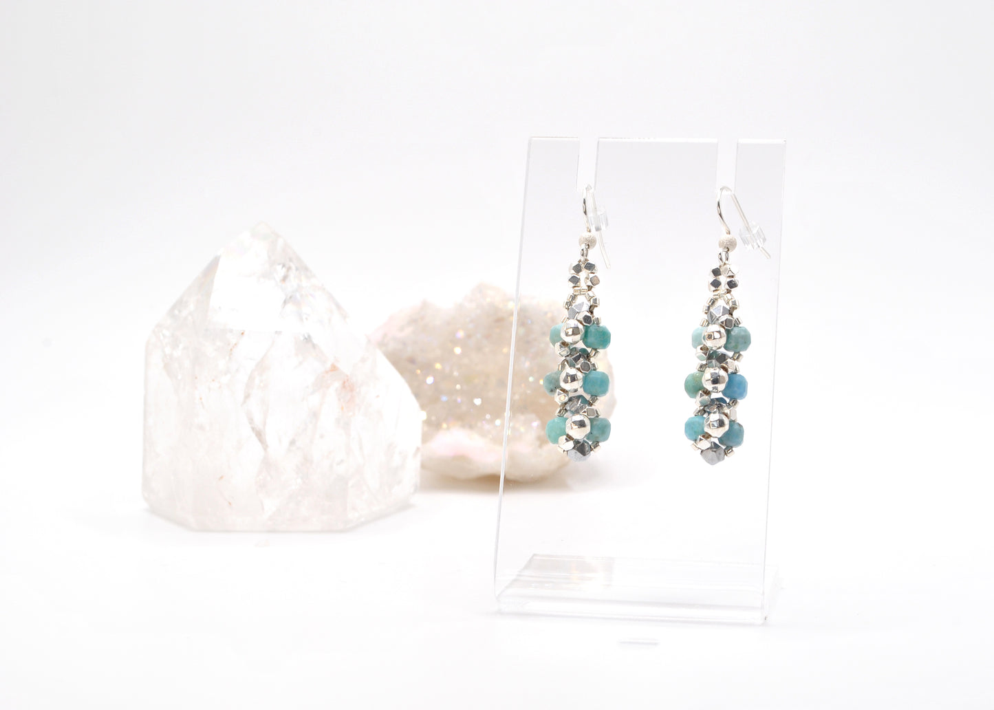 Peruvian Blue Opal and Star-Cut Hematite Dangle Earrings