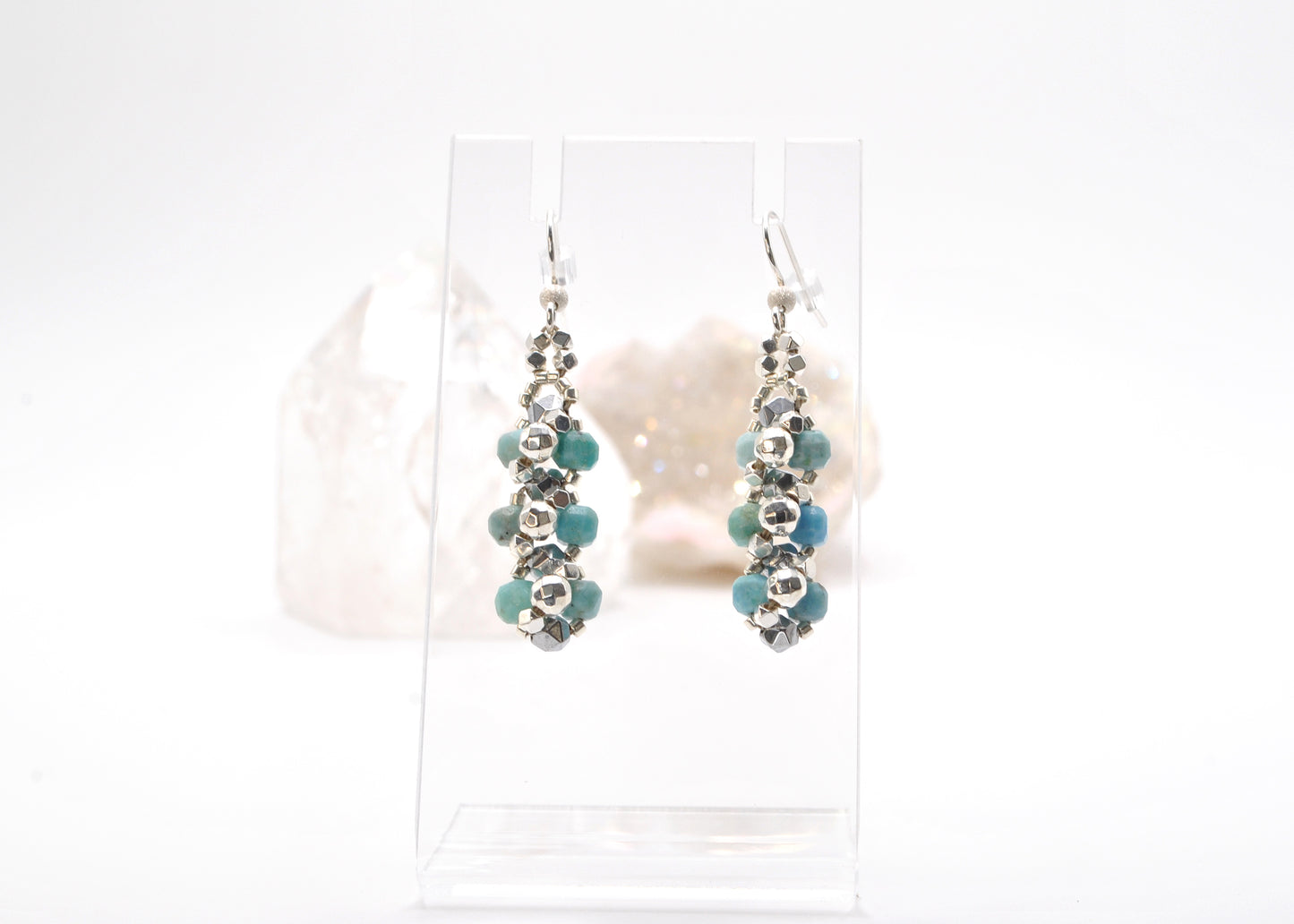 Peruvian Blue Opal and Star-Cut Hematite Dangle Earrings
