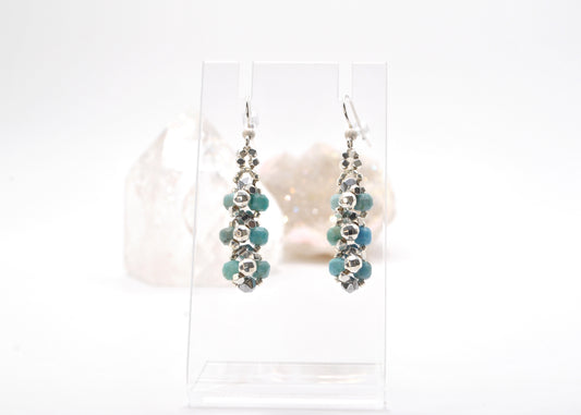 Peruvian Blue Opal and Star-Cut Hematite Dangle Earrings
