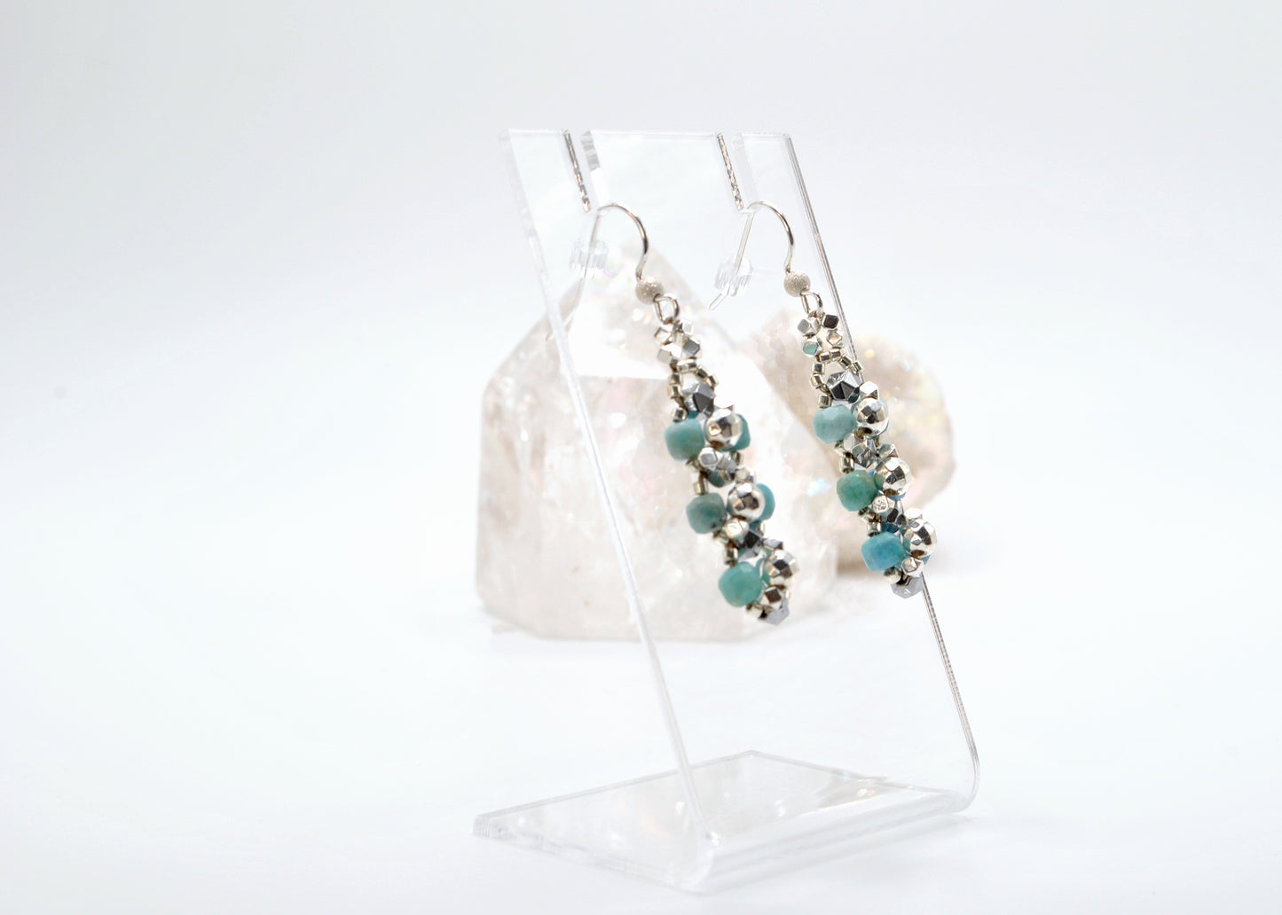 Peruvian Blue Opal and Star-Cut Hematite Dangle Earrings