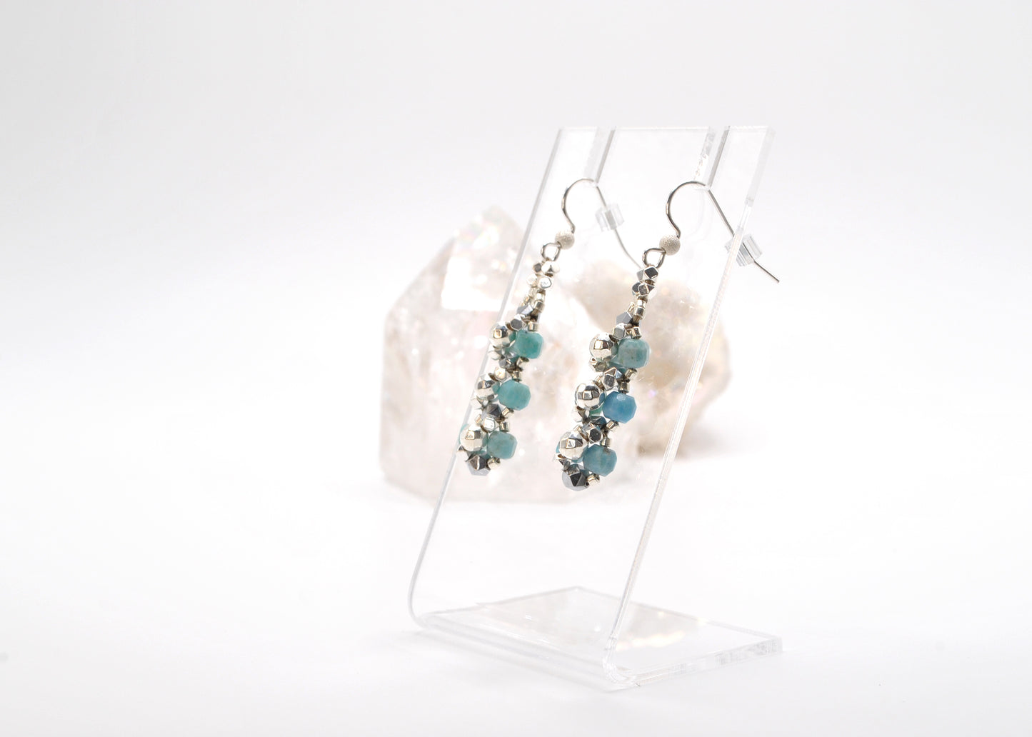 Peruvian Blue Opal and Star-Cut Hematite Dangle Earrings