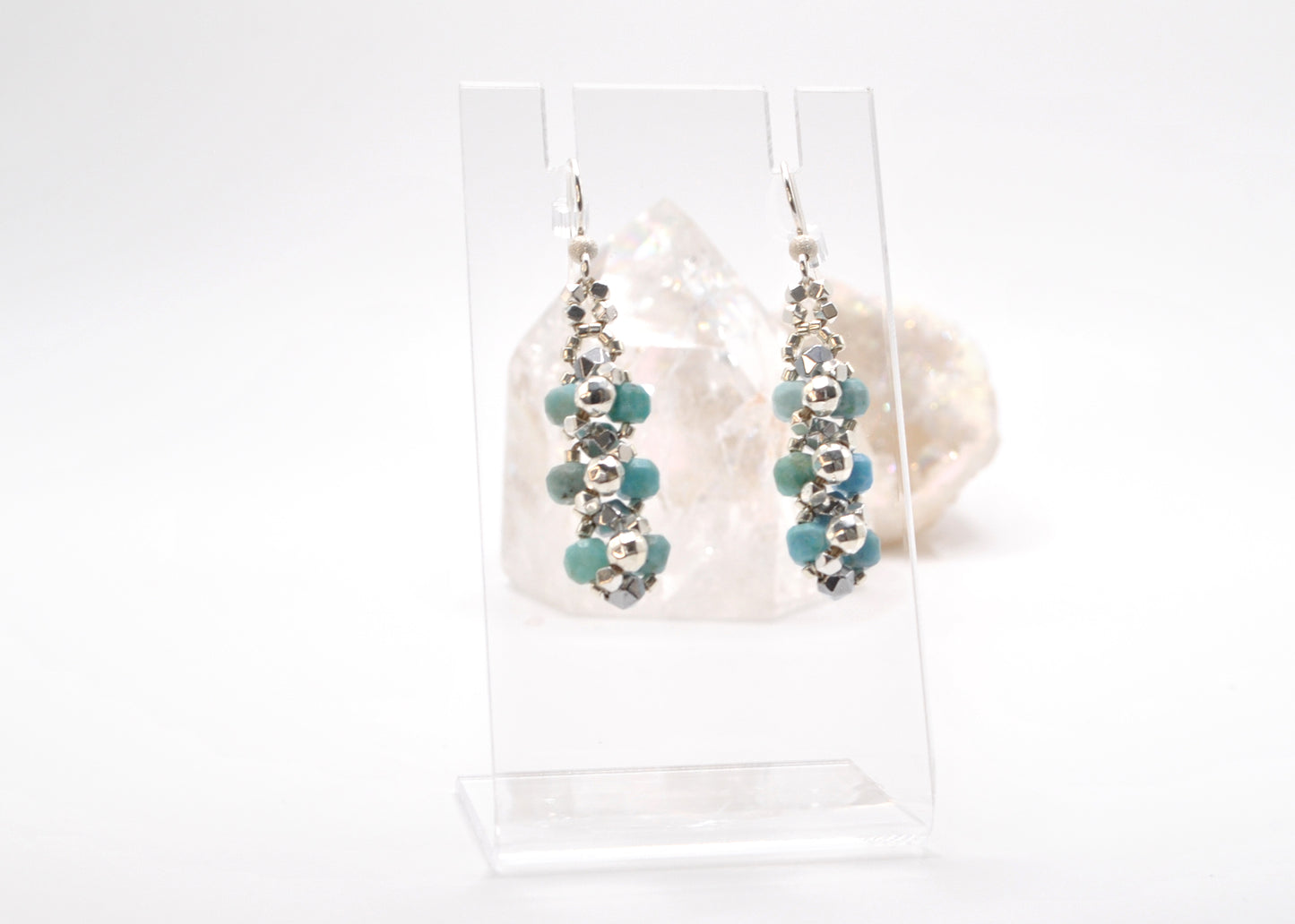 Peruvian Blue Opal and Star-Cut Hematite Dangle Earrings