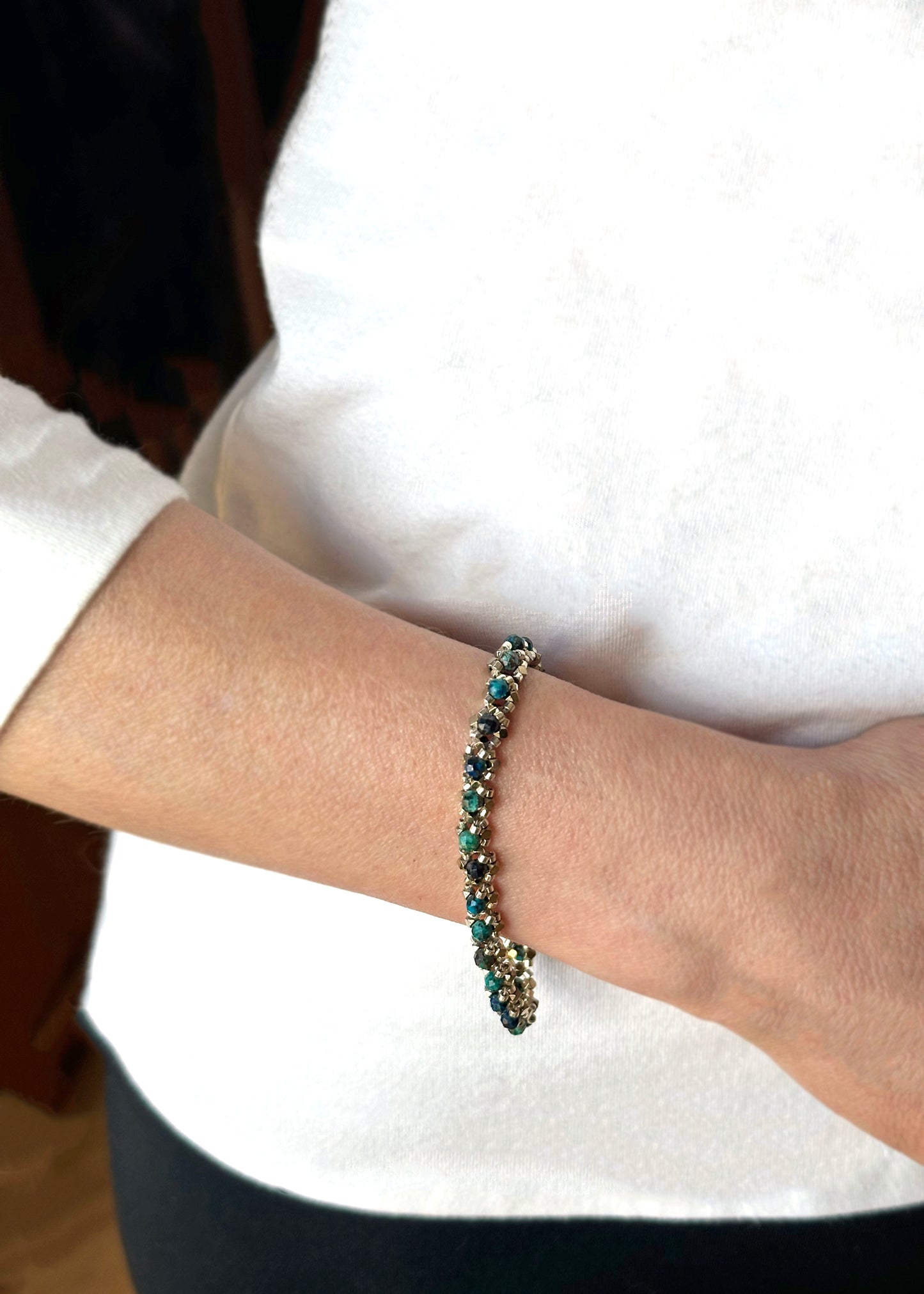 chrysocolla and white silver plated hematite bracelet
