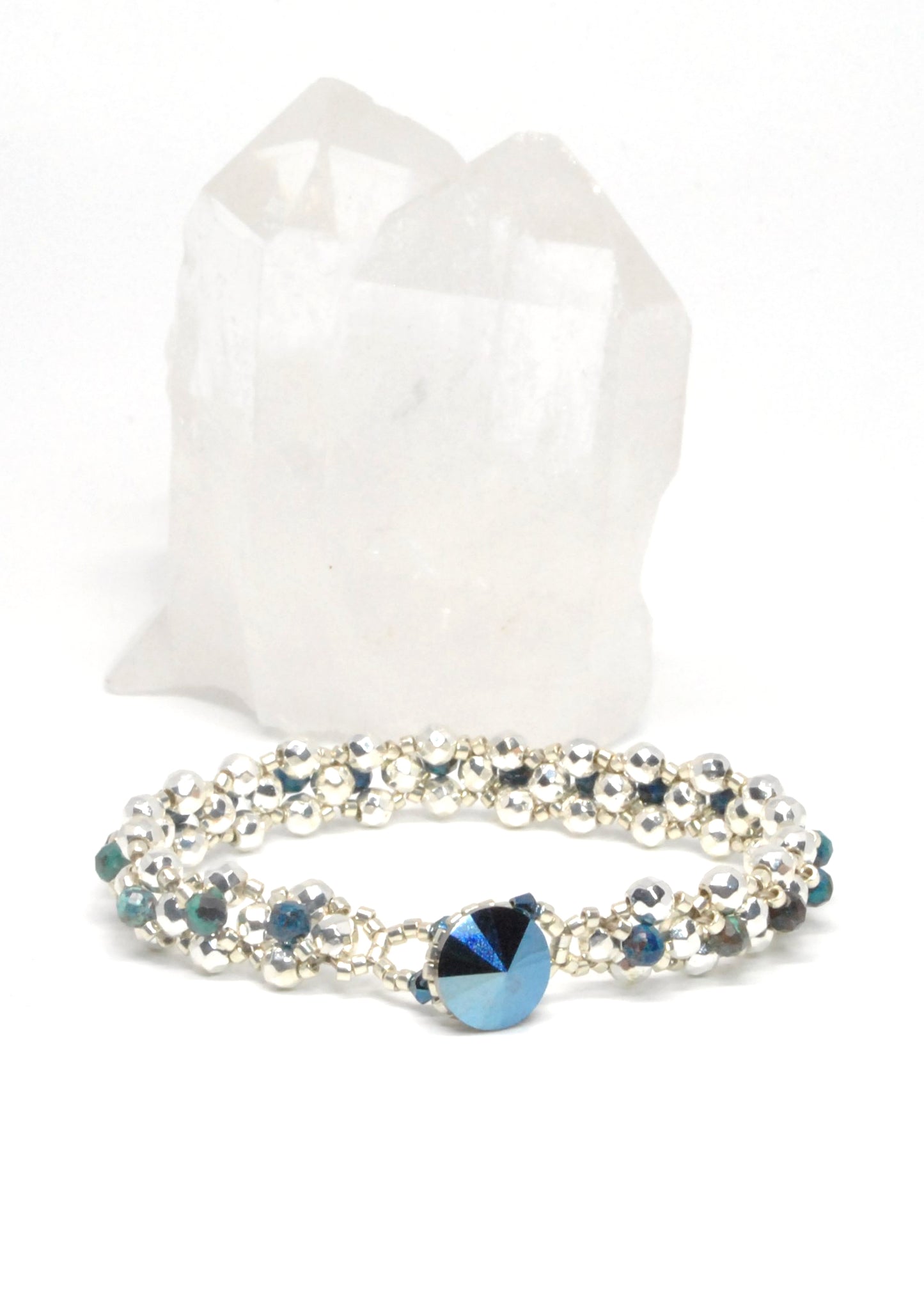 chrysocolla and white silver plated hematite bracelet