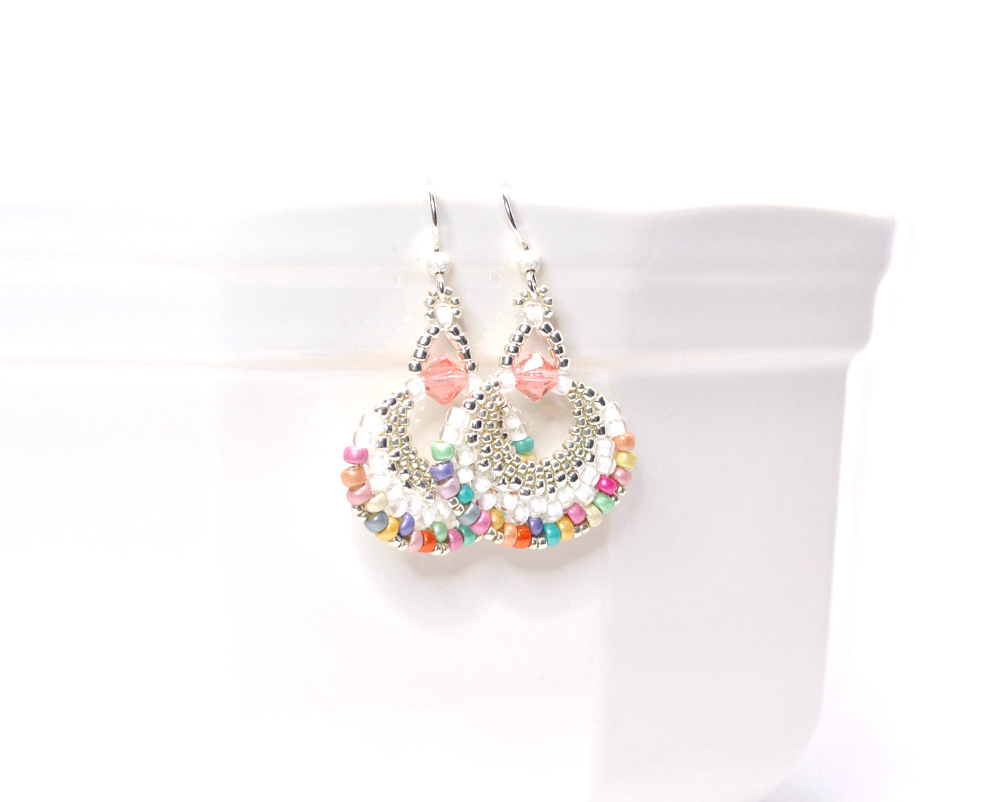 multi colored and white beaded fan earrings
