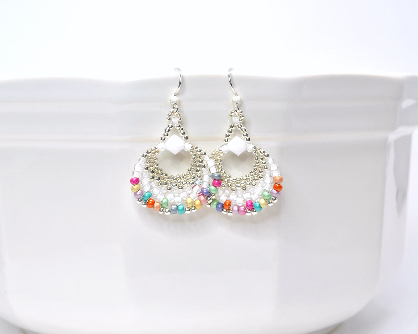 multi colored and white beaded fan earrings