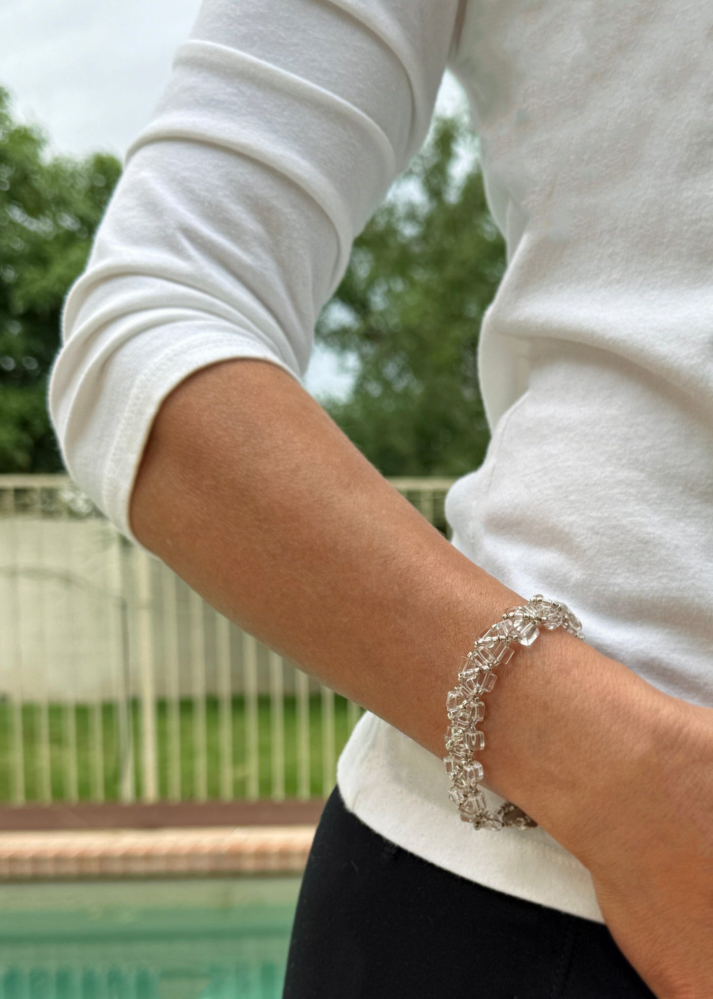 Clear Crystal Quartz Cube Handwoven Bracelet
