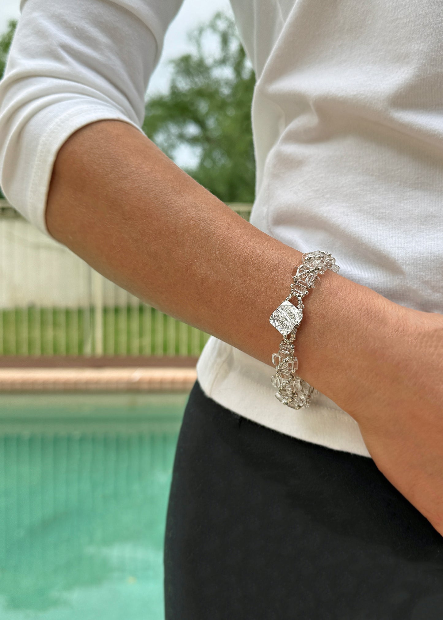 Clear Crystal Quartz Cube Handwoven Bracelet
