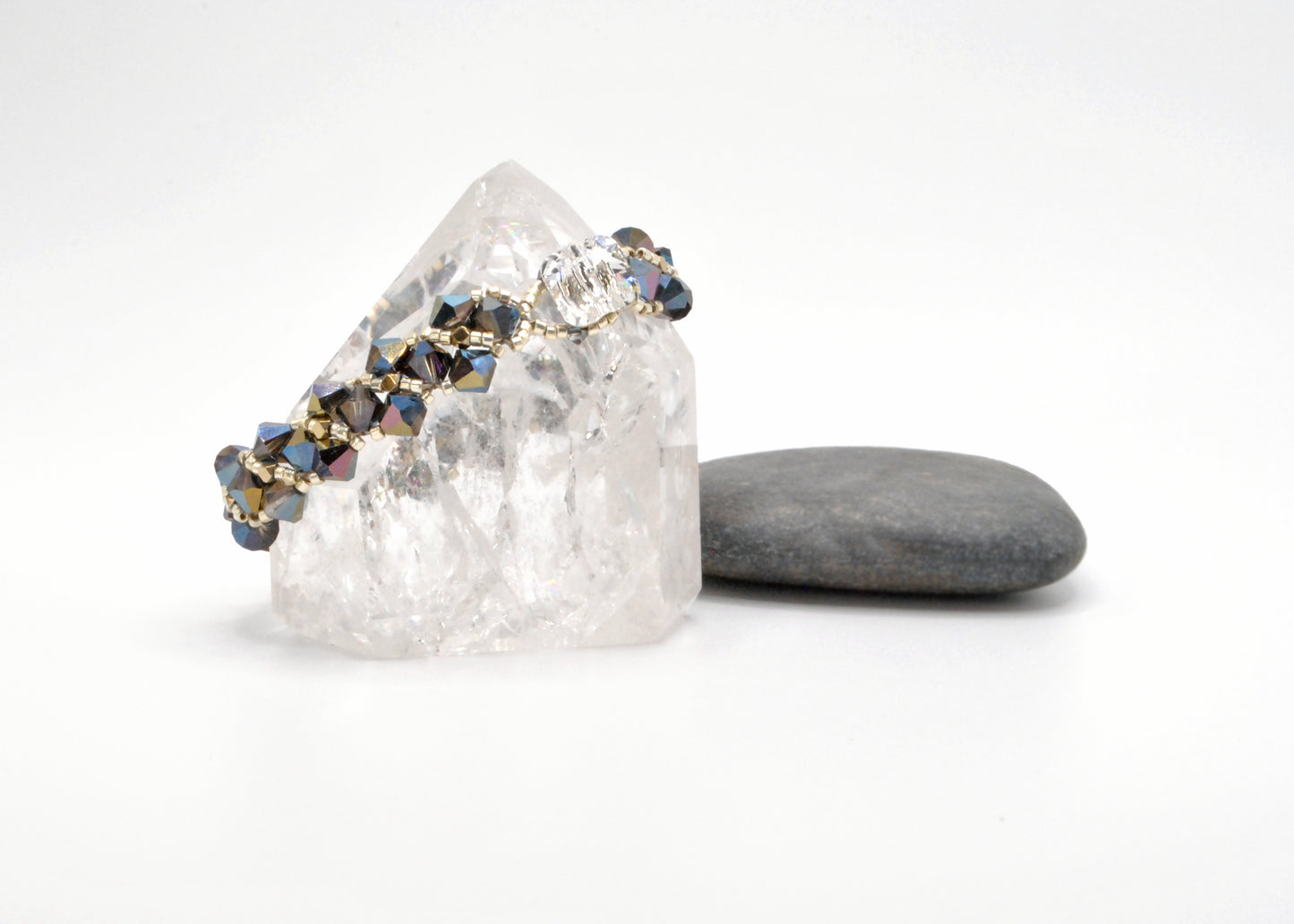 Heliotrope Swarovski Crystal and Gold-Plated Hematite Woven Bracelet