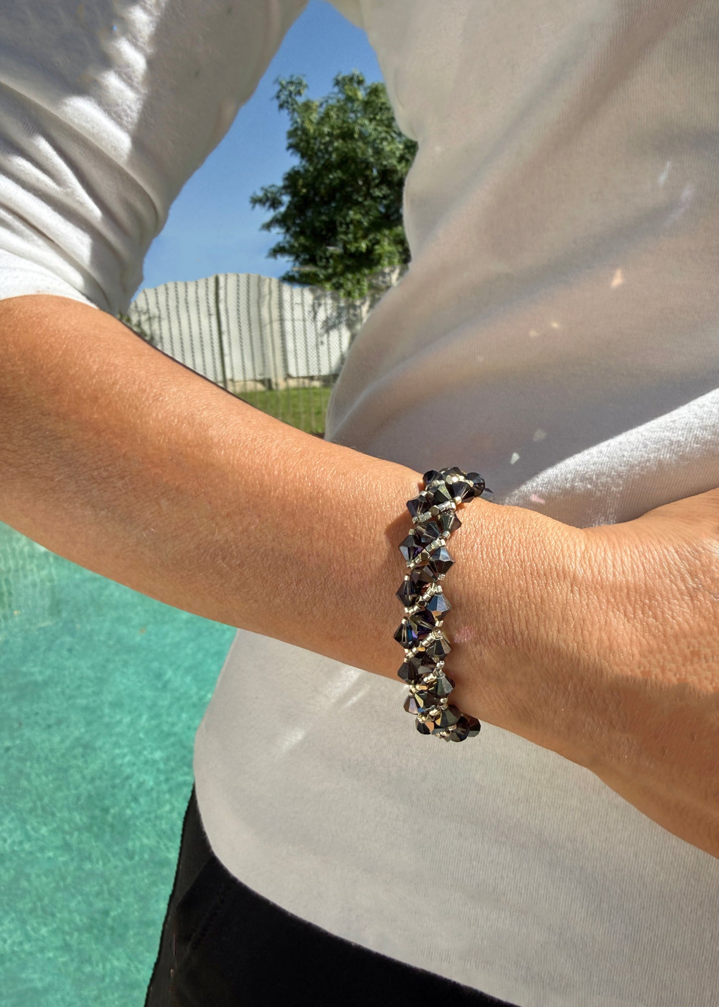 Heliotrope Swarovski Crystal and Gold-Plated Hematite Woven Bracelet