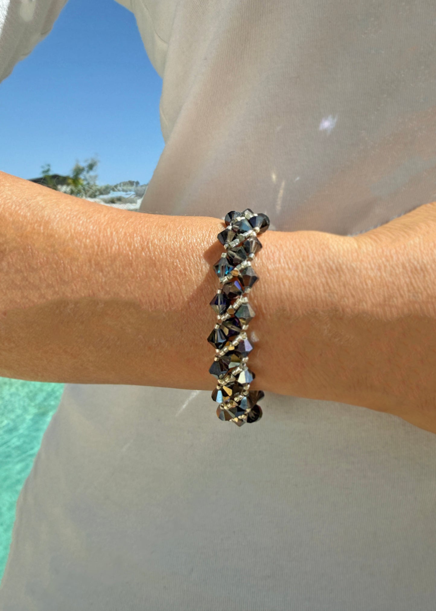 Heliotrope Swarovski Crystal and Gold-Plated Hematite Woven Bracelet
