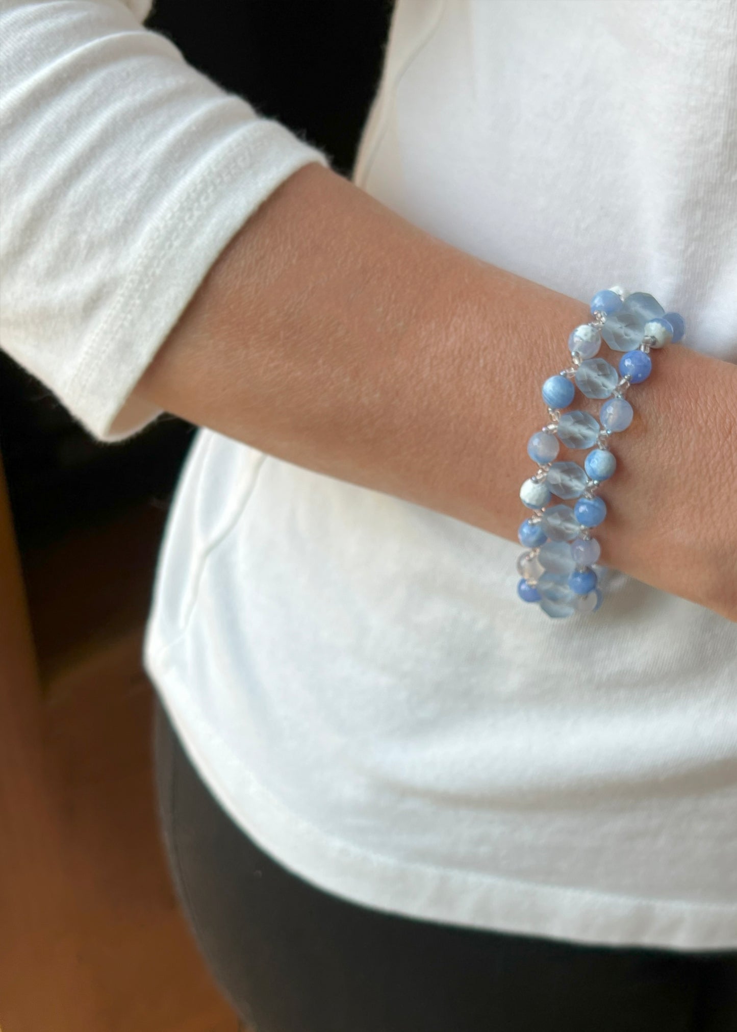 Baby Blue and White Agate and Vintage Glass Beaded Bracelet