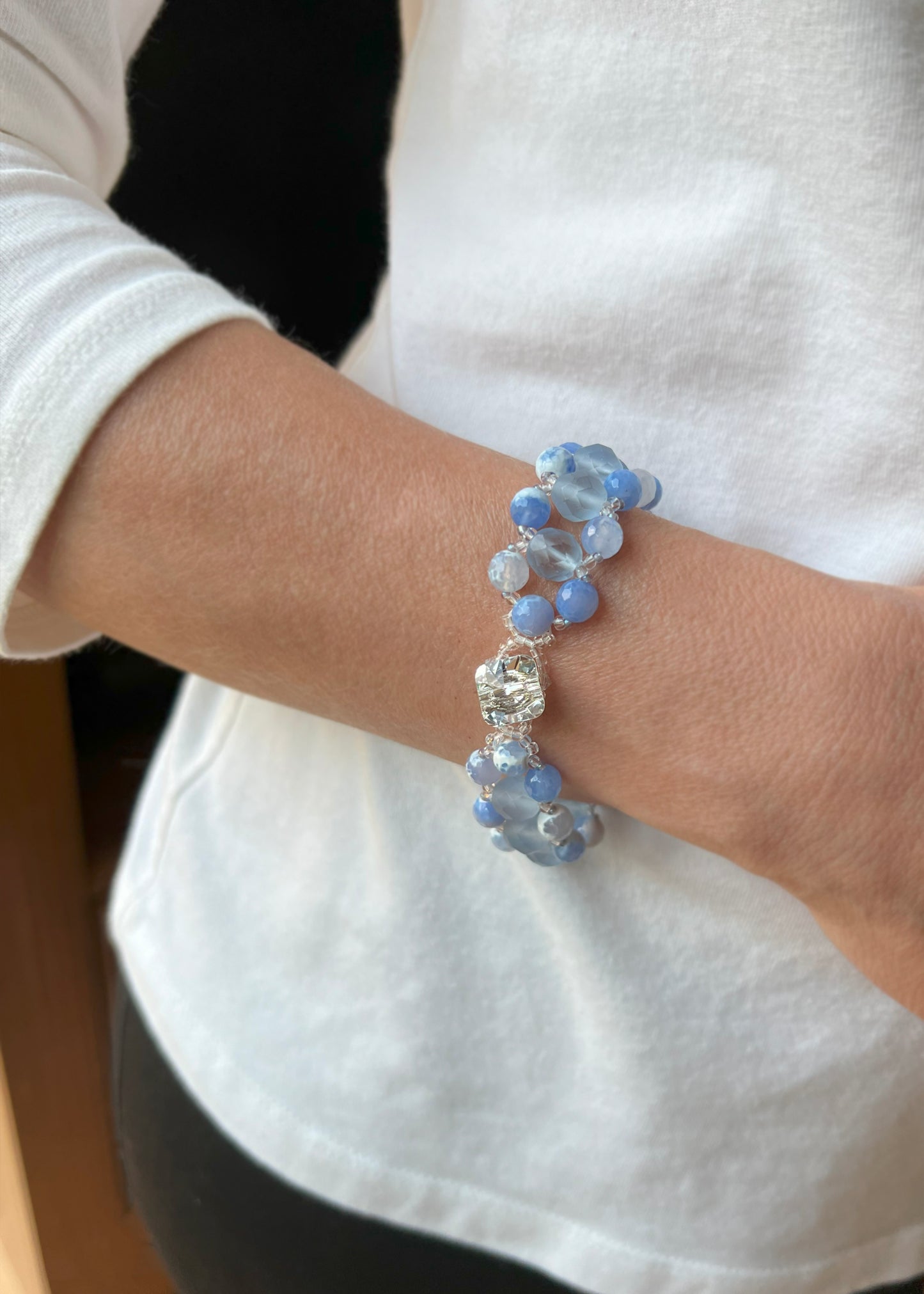 Baby Blue and White Agate and Vintage Glass Beaded Bracelet