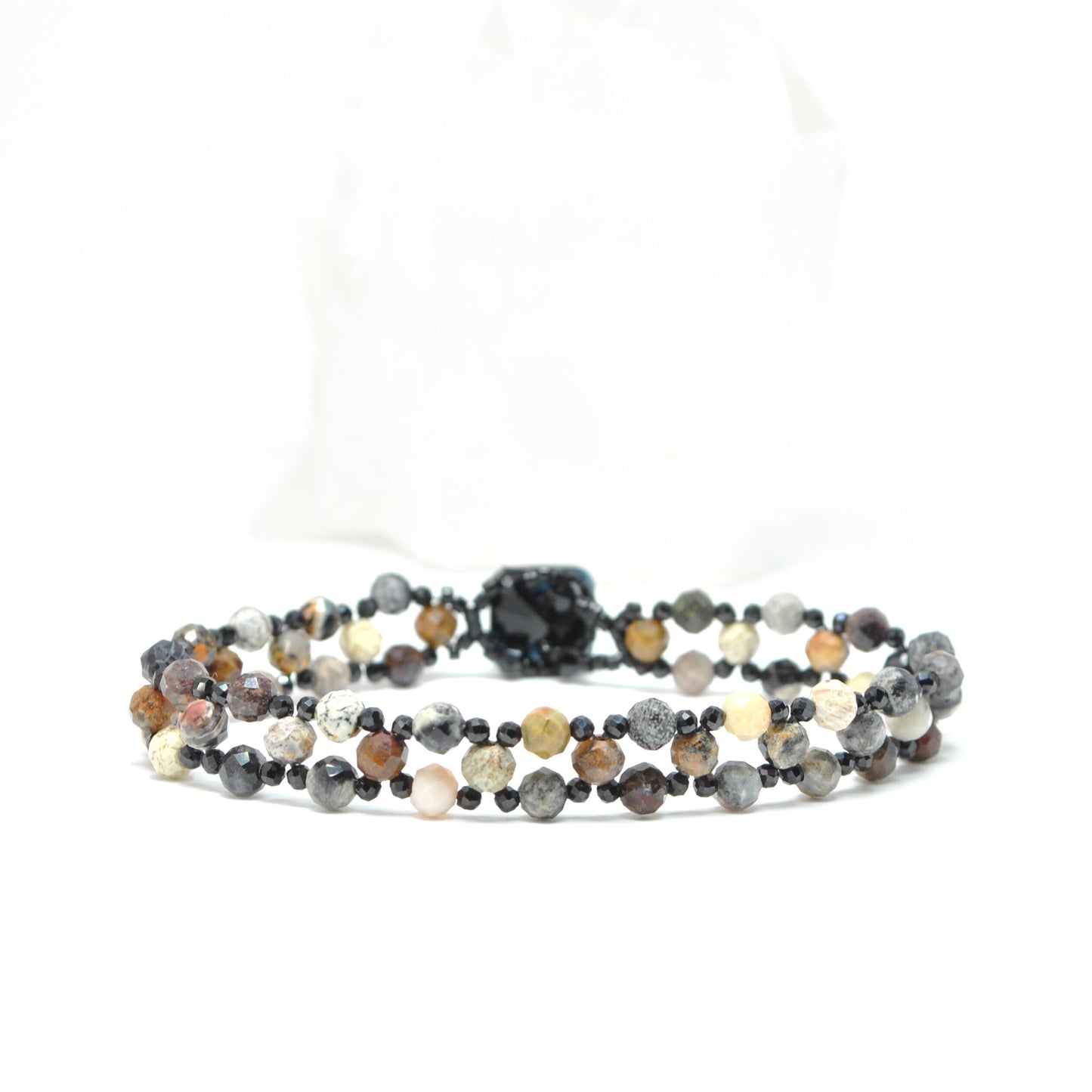 delicate jasper & spinel beaded gemstone bracelet . dainty gemstone bracelet . neutral colors . nickel free jewelry . flat bracelet . black