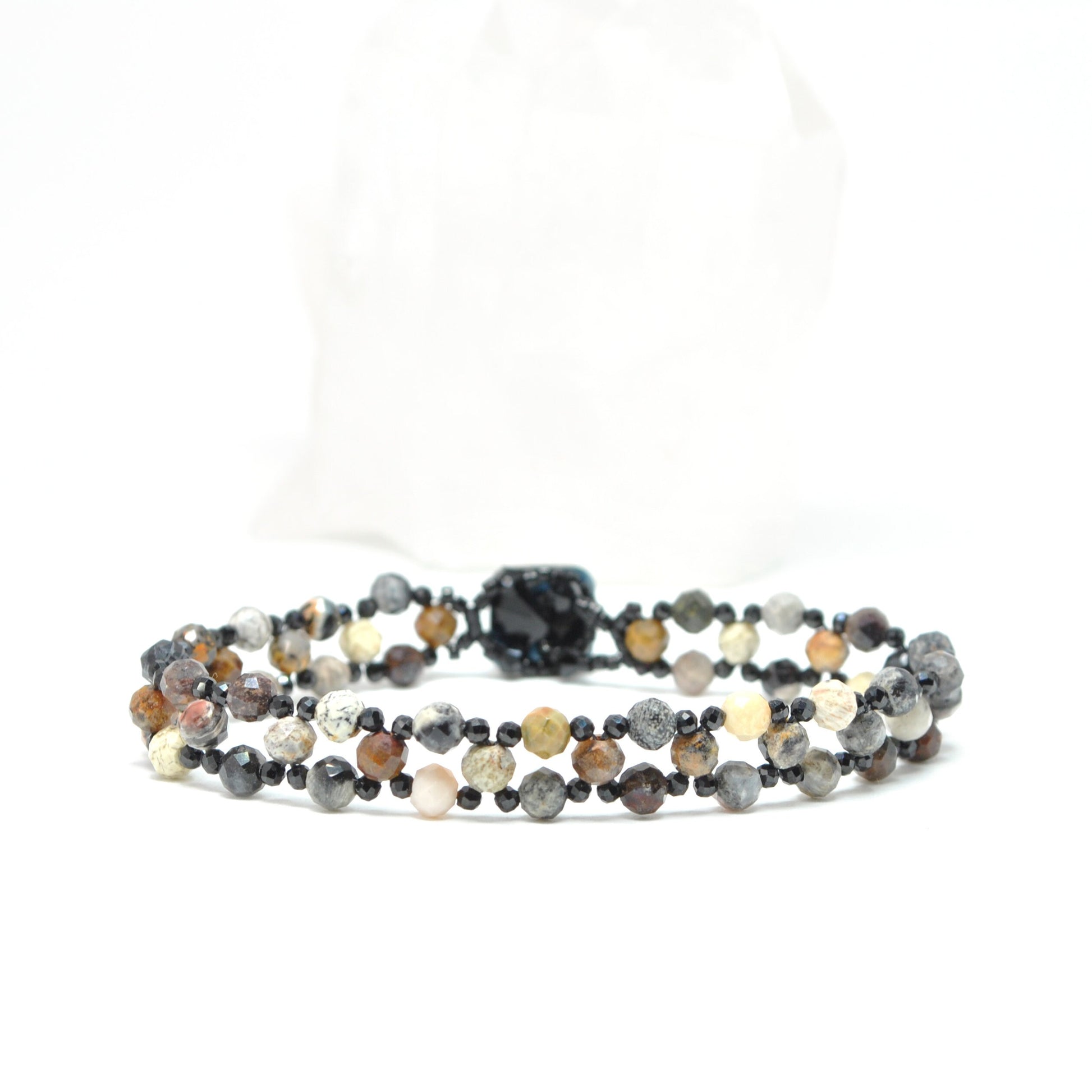 delicate jasper & spinel beaded gemstone bracelet . dainty gemstone bracelet . neutral colors . nickel free jewelry . flat bracelet . black