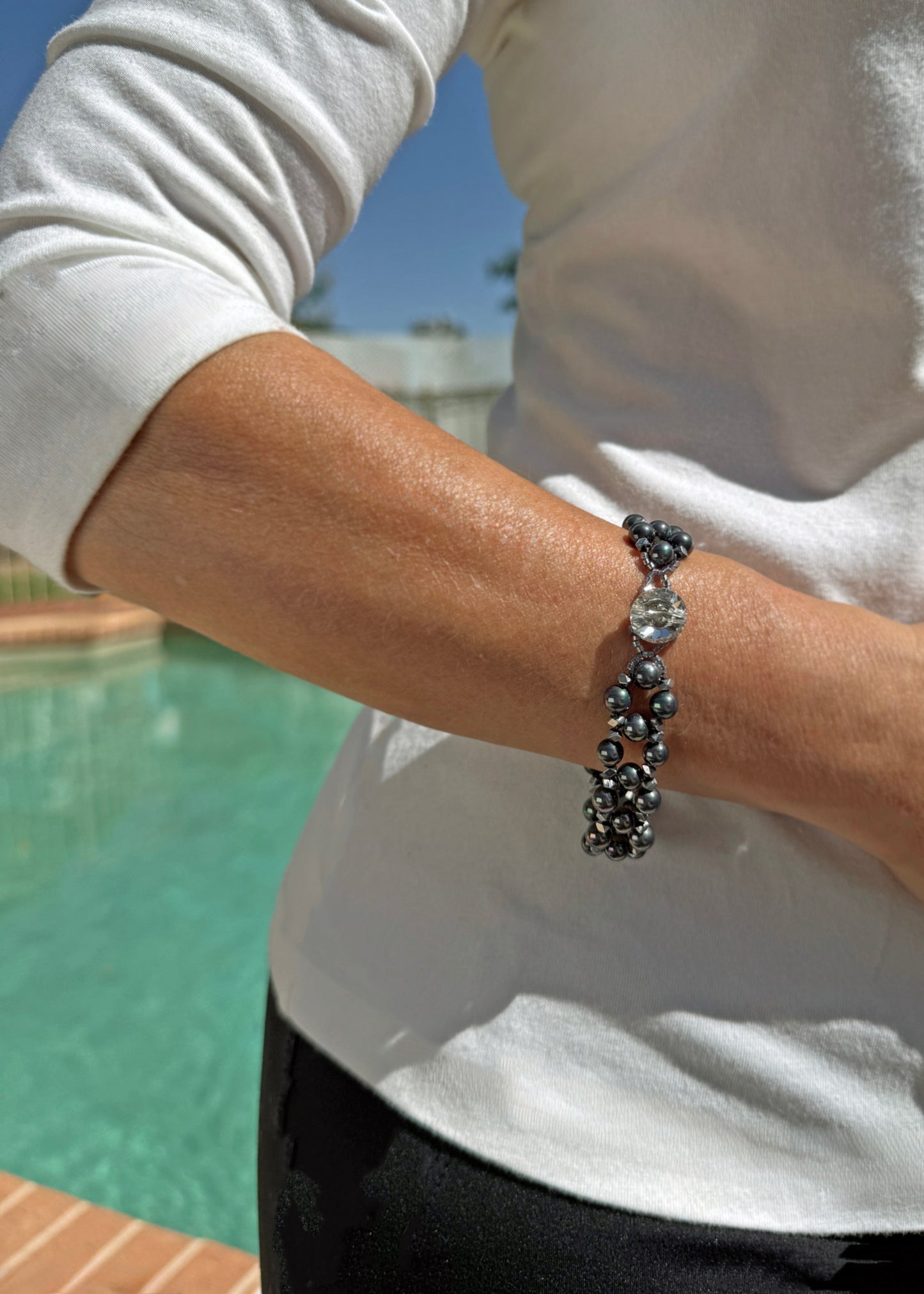Rainbow Peacock Shell Pearl and Silver Hematite Handwoven Bracelet