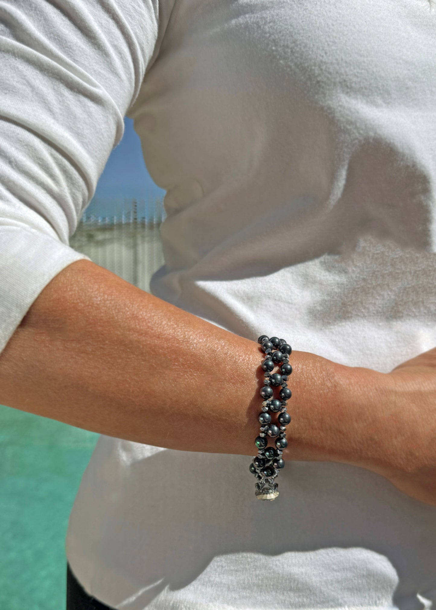Rainbow Peacock Shell Pearl and Silver Hematite Handwoven Bracelet