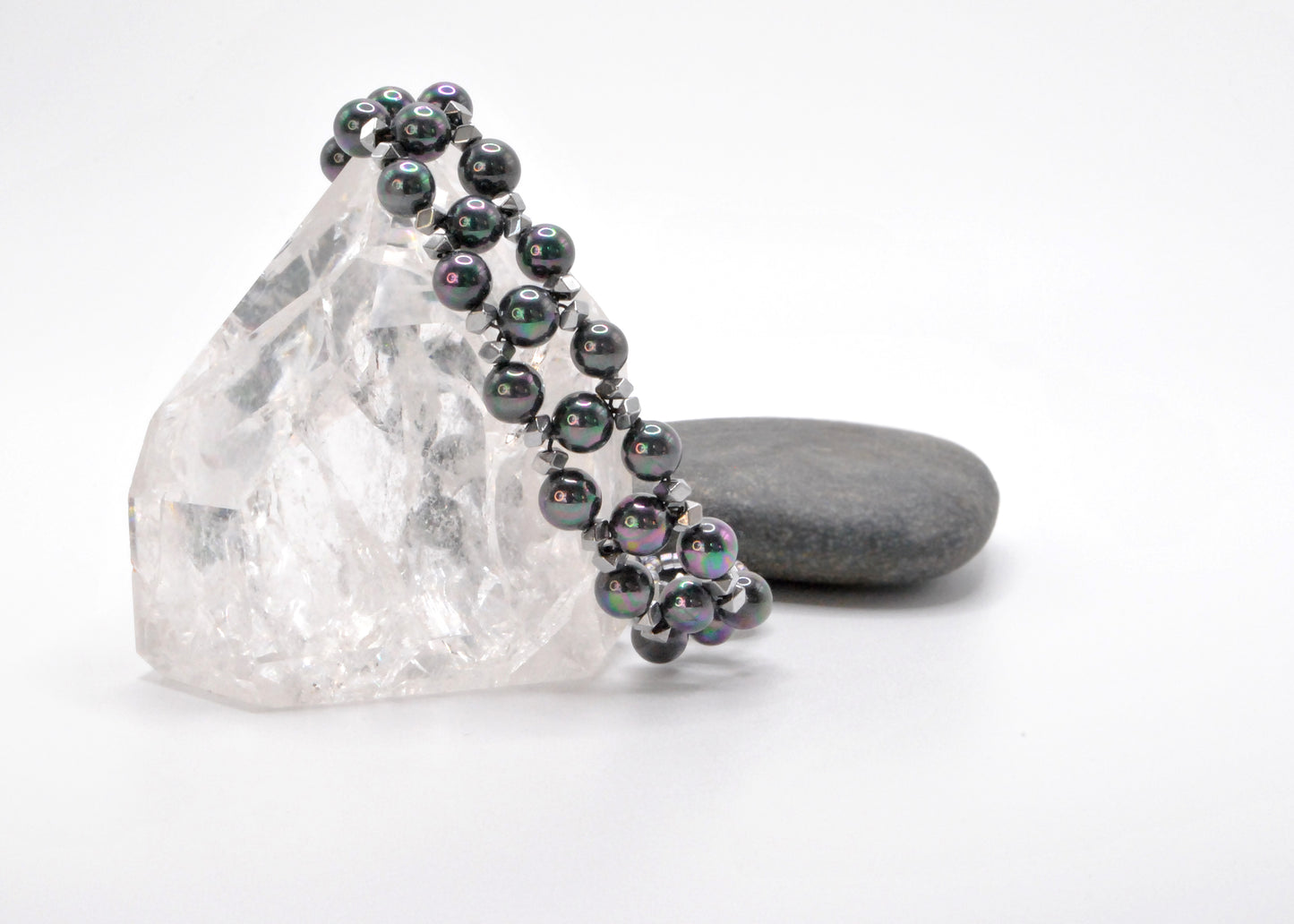 Rainbow Peacock Shell Pearl and Silver Hematite Handwoven Bracelet