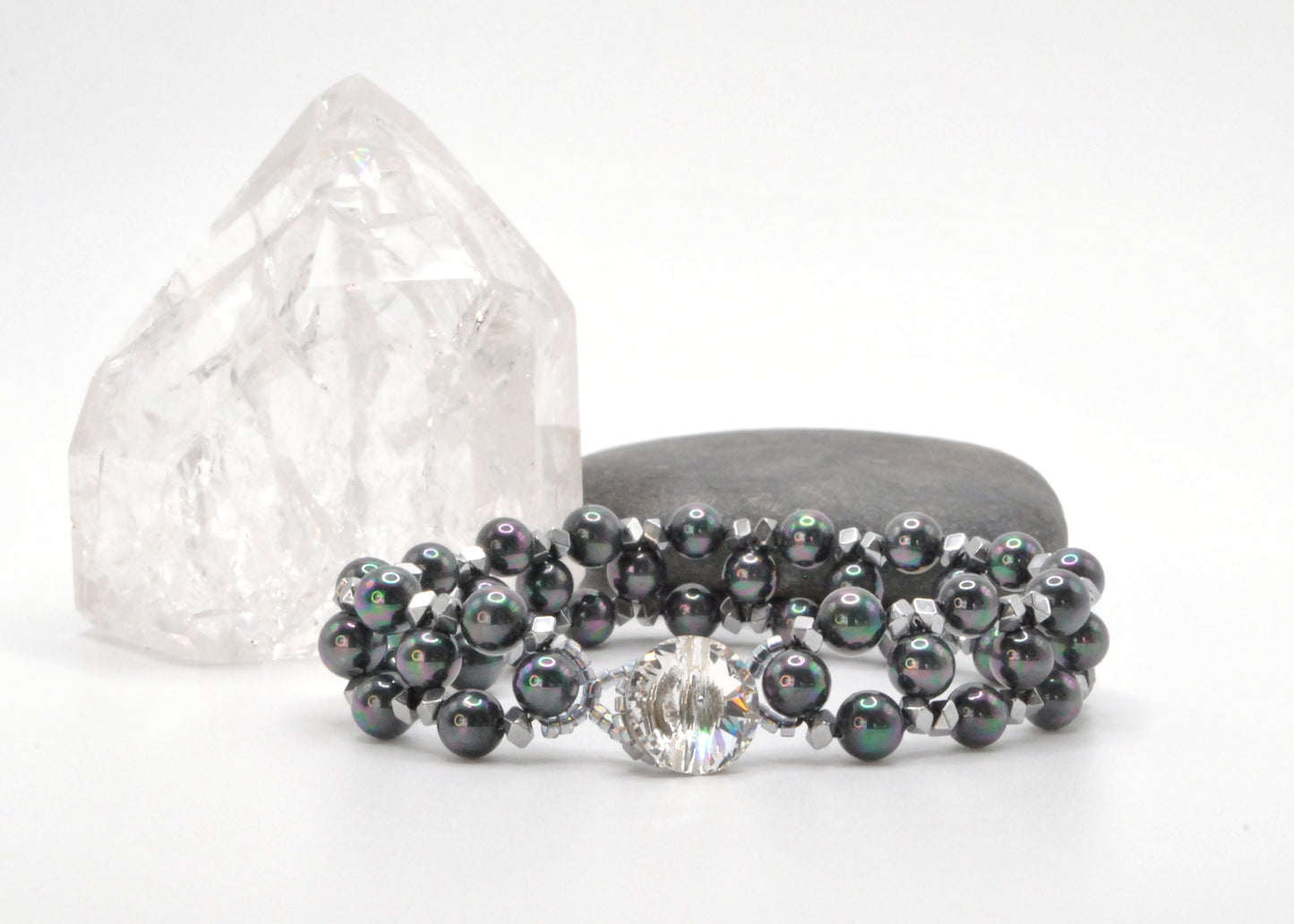 Rainbow Peacock Shell Pearl and Silver Hematite Handwoven Bracelet