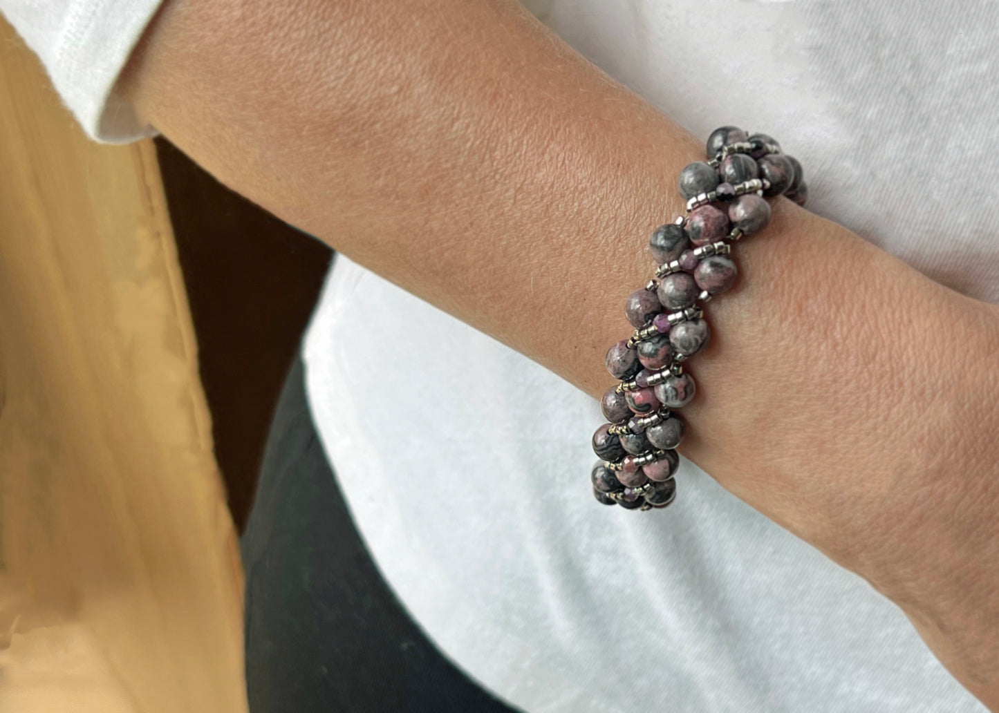 Rhodonite and Black Lace Ruby Beaded Bracelet