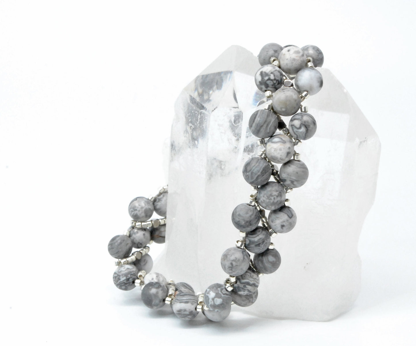 gray matte agate beaded bracelet . gray beaded bracelet .