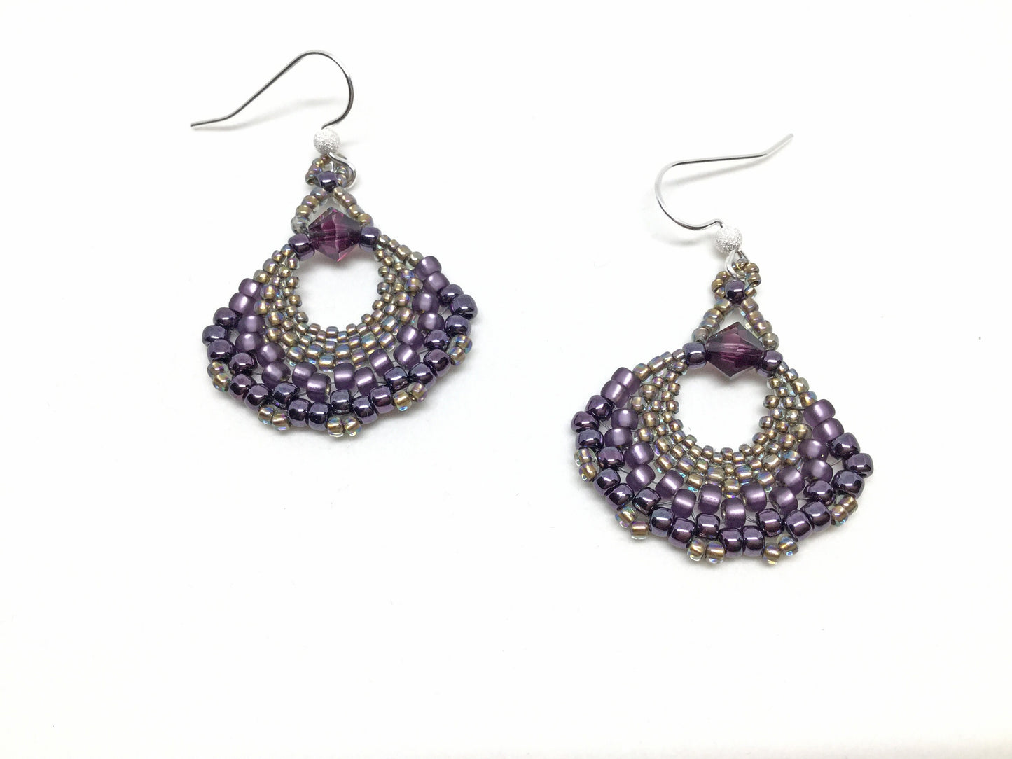 purple beaded fan earrings with sterling silver ear wires . statement earrings . lightweight handmade beaded earrings . nickel free jewelry