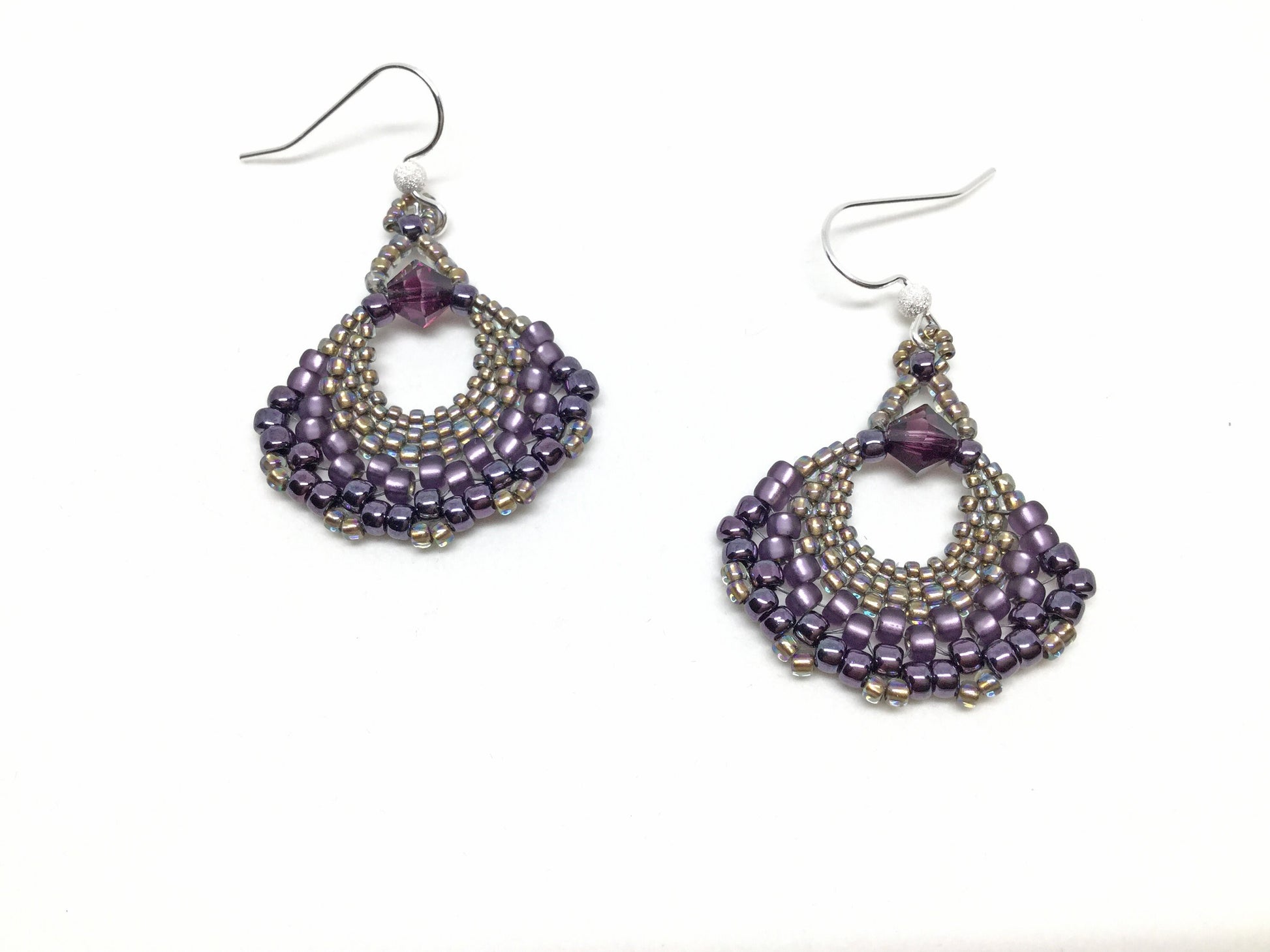 purple beaded fan earrings with sterling silver ear wires . statement earrings . lightweight handmade beaded earrings . nickel free jewelry