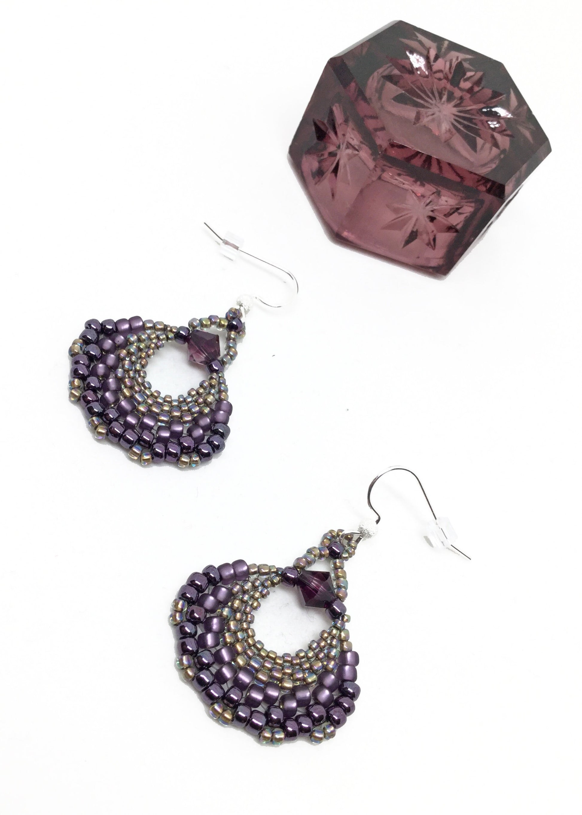 purple beaded fan earrings with sterling silver ear wires . statement earrings . lightweight handmade beaded earrings . nickel free jewelry