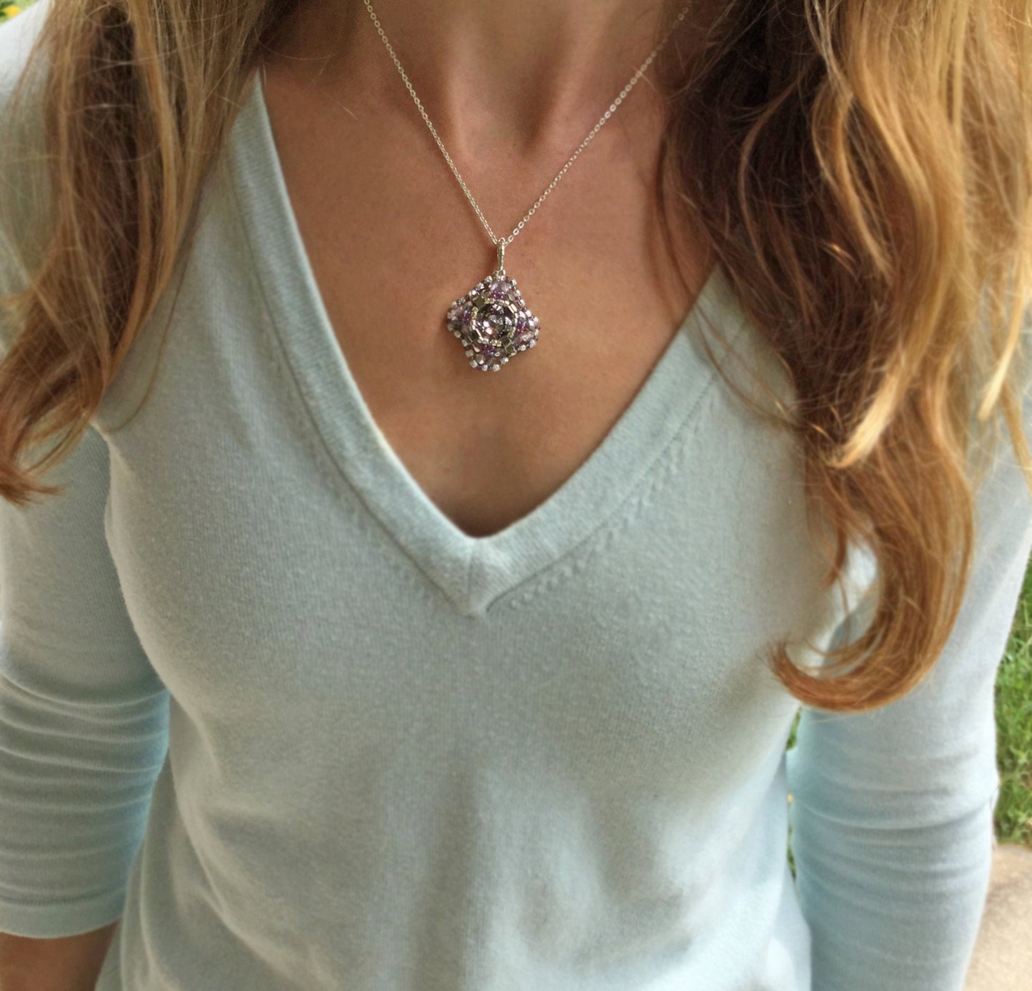 purple metallic swarovski cushion cut pendant .  #021