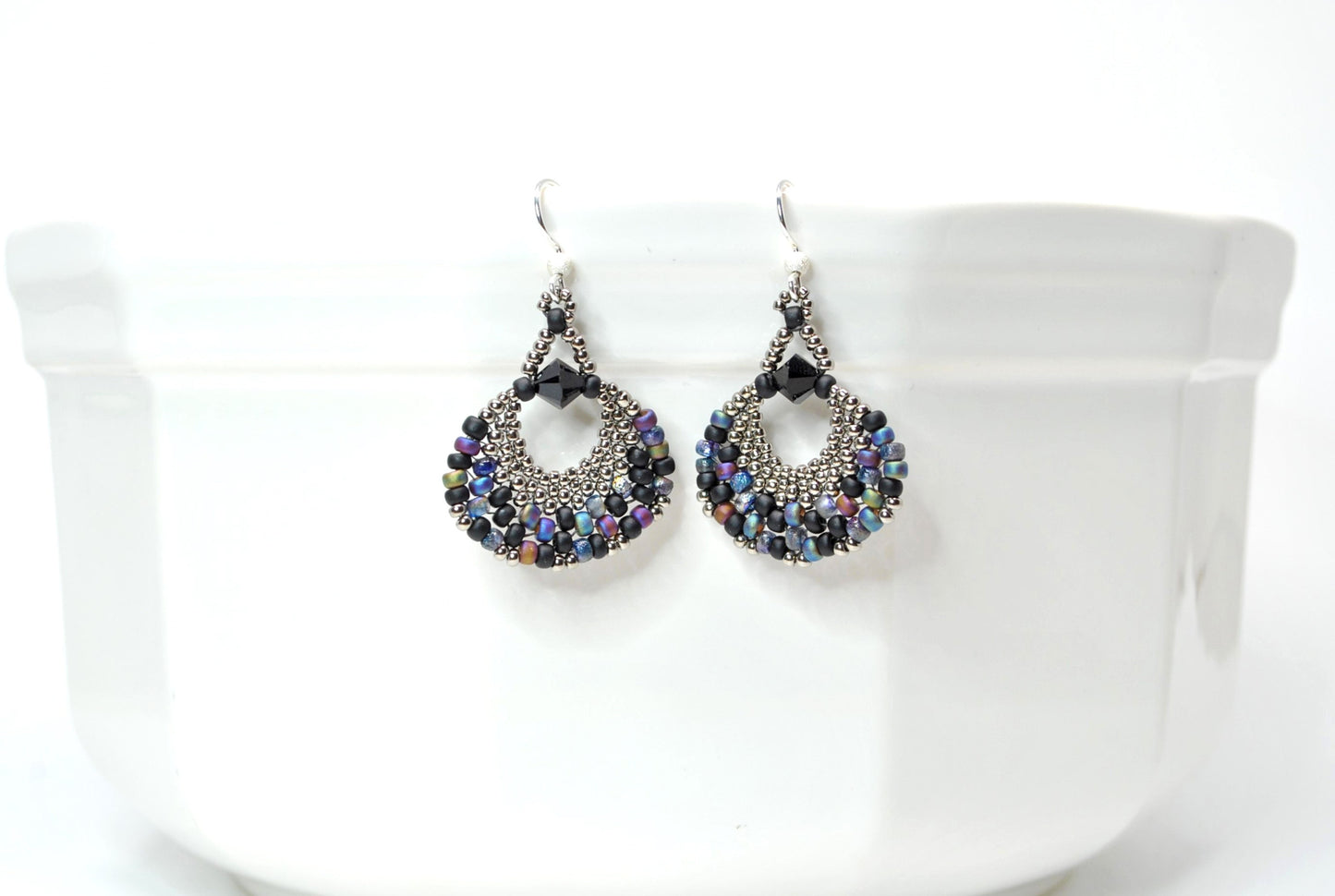 black and multi colored beaded fan earrings