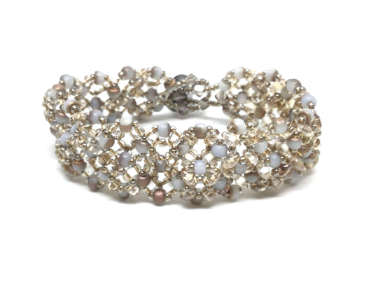 neutral beaded cuff bracelet . bronze beige white cuff bracelet . lacey cuff bracelet . neutral lacey beaded cuff, nickel free jewelry