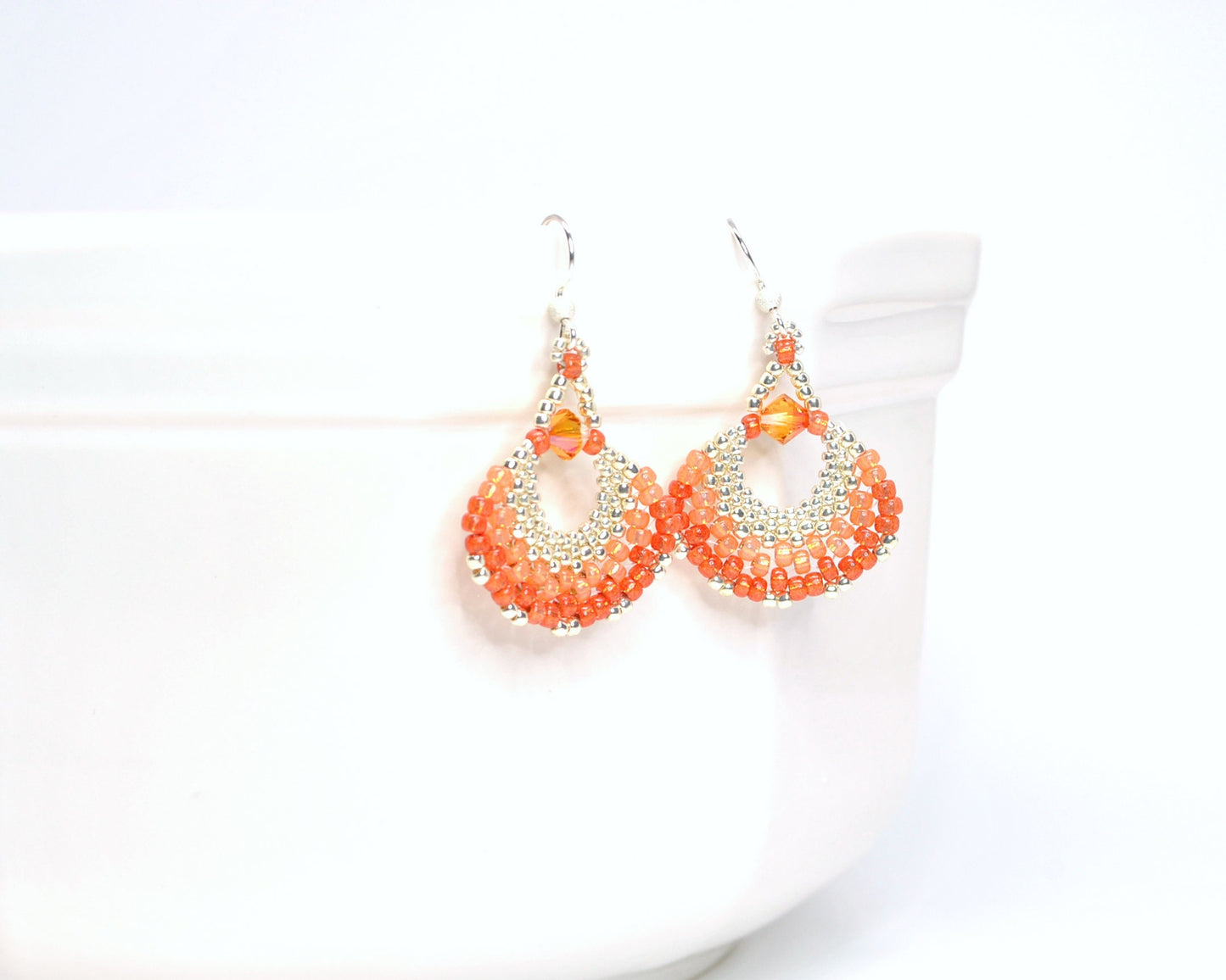 coral orange beaded fan earrings
