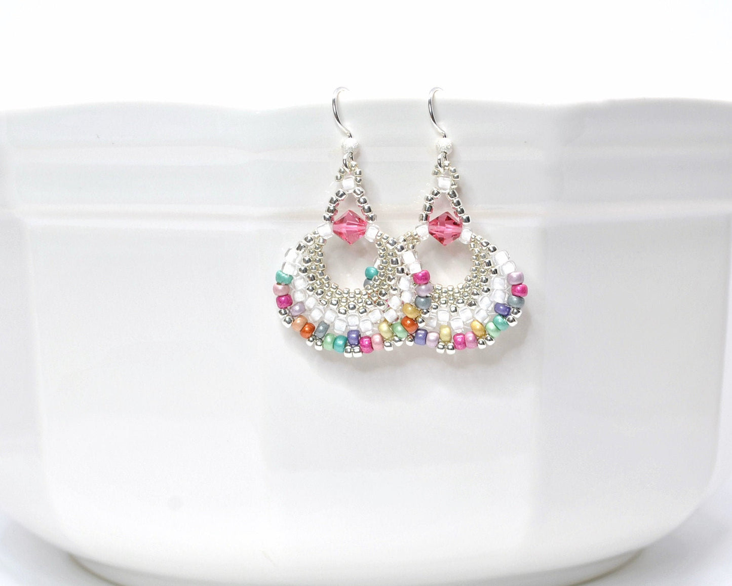 multi colored and white beaded fan earrings