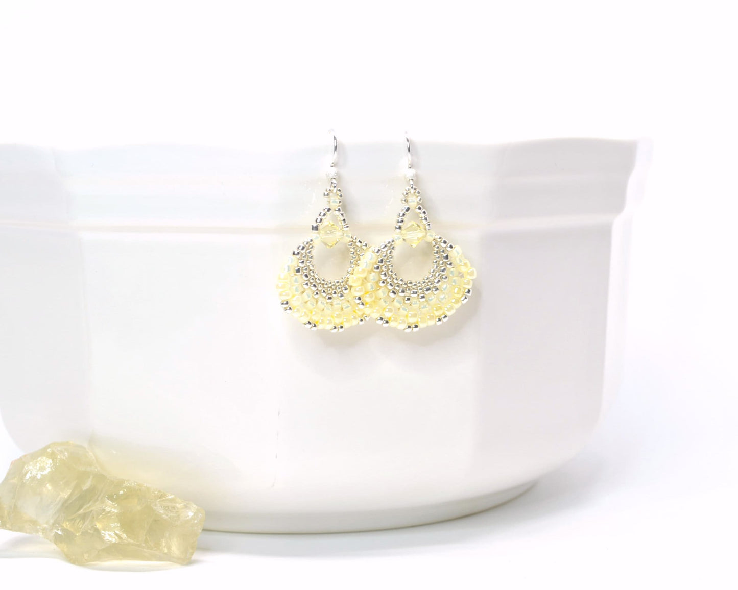 pastel yellow beaded fan earrings