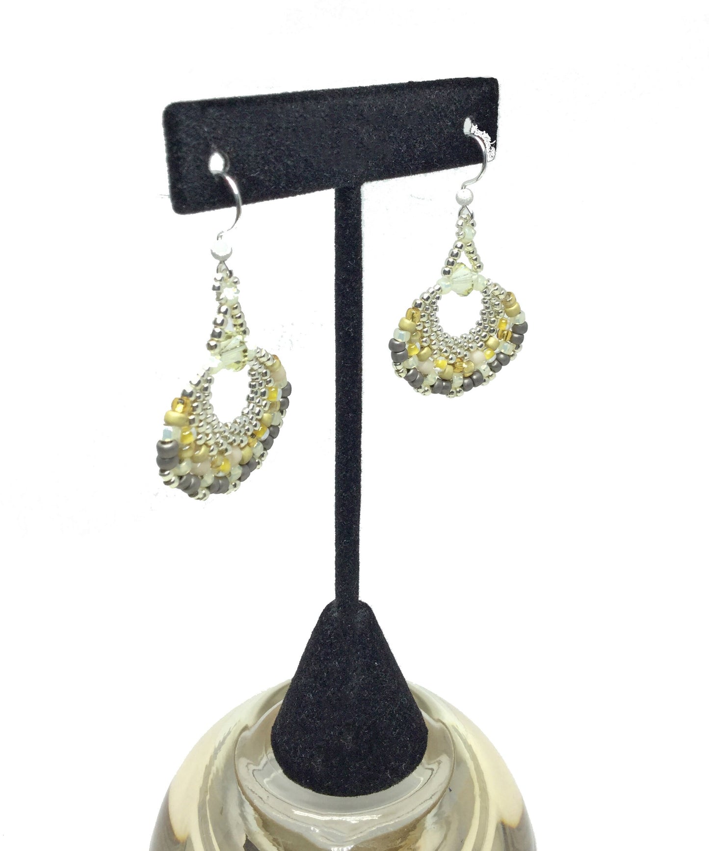 yellow and gray tweed beaded fan earrings . yellow and gray fan earrings . . statement earrings . illuminating yellow earrings, nickel free