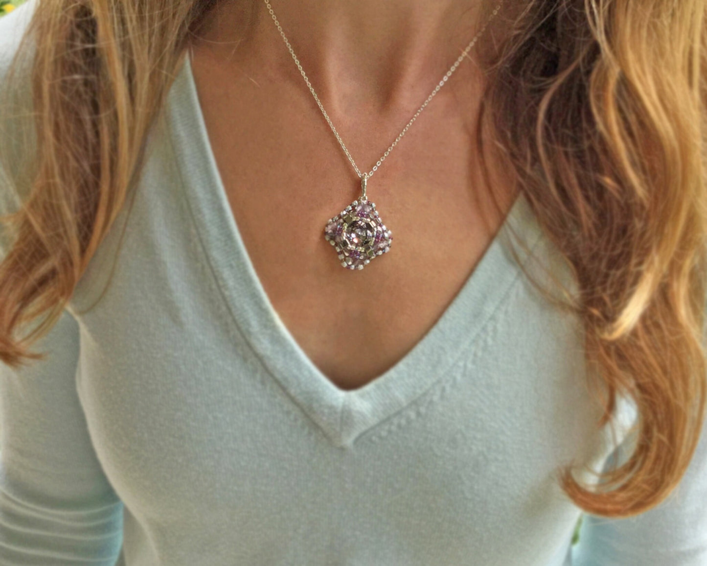 clear cushion cut crystal pendant with orchid pink beads . #026