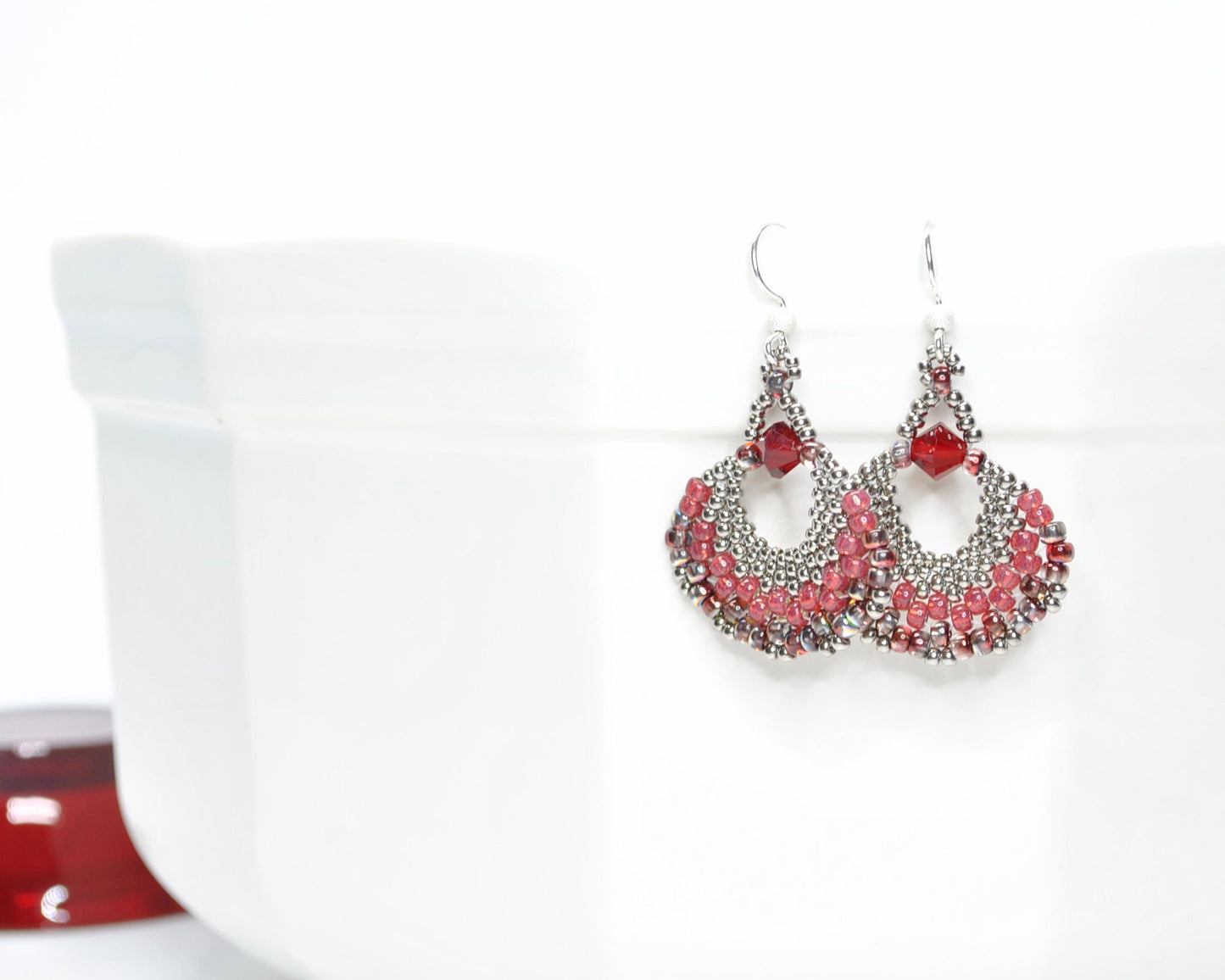 red beaded fan earrings