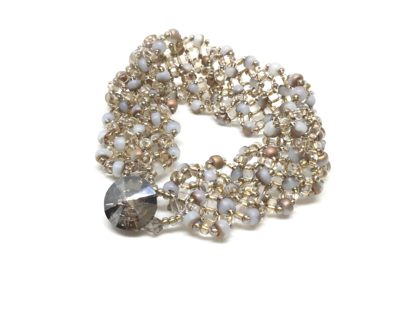 neutral beaded cuff bracelet . bronze beige white cuff bracelet . lacey cuff bracelet . neutral lacey beaded cuff, nickel free jewelry