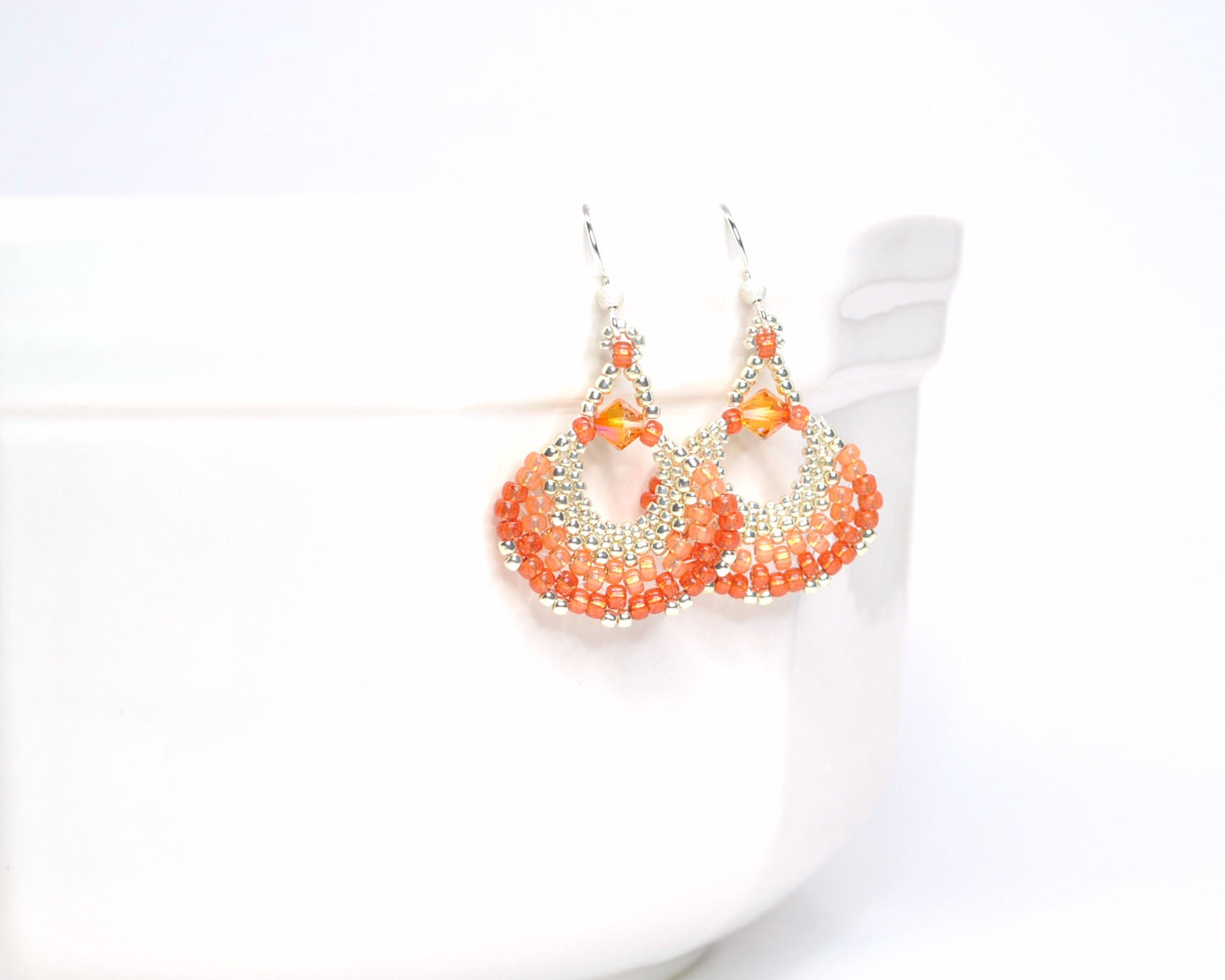 coral orange beaded fan earrings