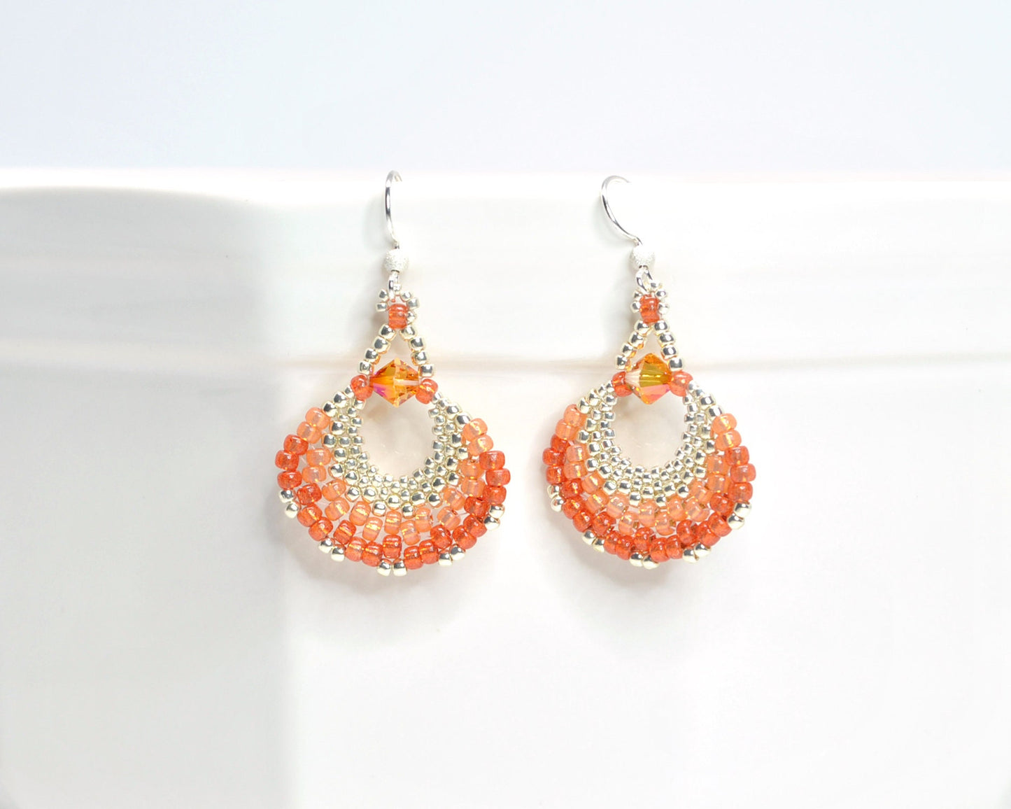 coral orange beaded fan earrings