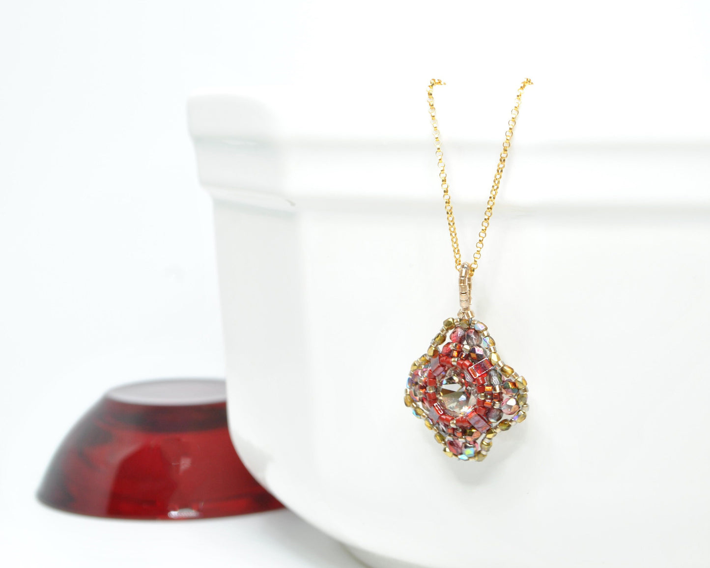red and gold swarovski crystal cushion cut pendant  . #029