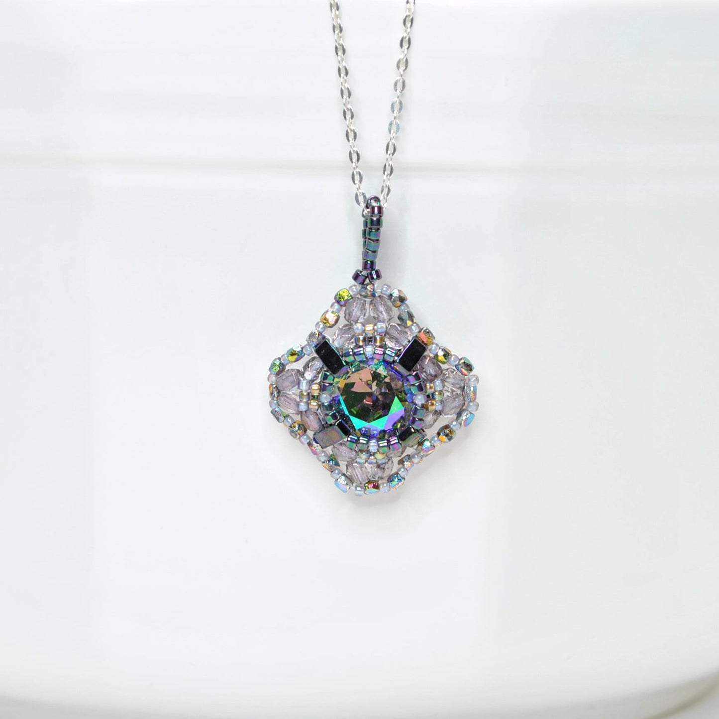 iridescent iris swarovski crystal cushion cut pendant necklace . statement necklace . unique crystal necklace . #015