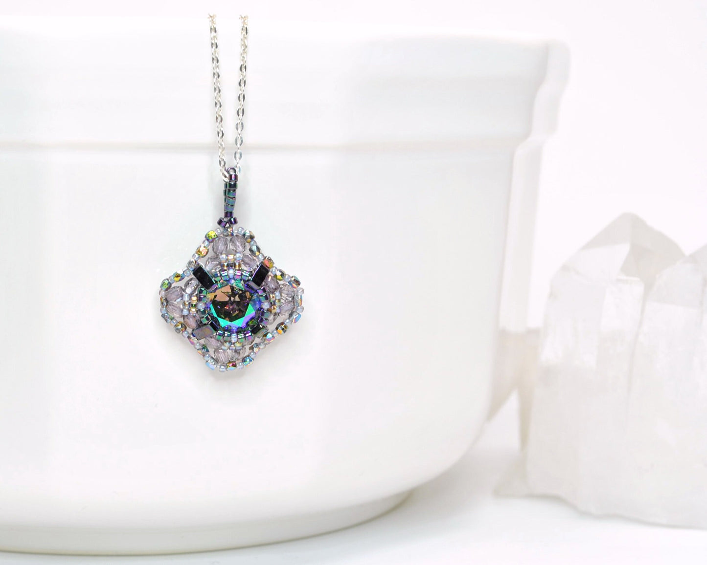 iridescent iris swarovski crystal cushion cut pendant necklace . statement necklace . unique crystal necklace . #015