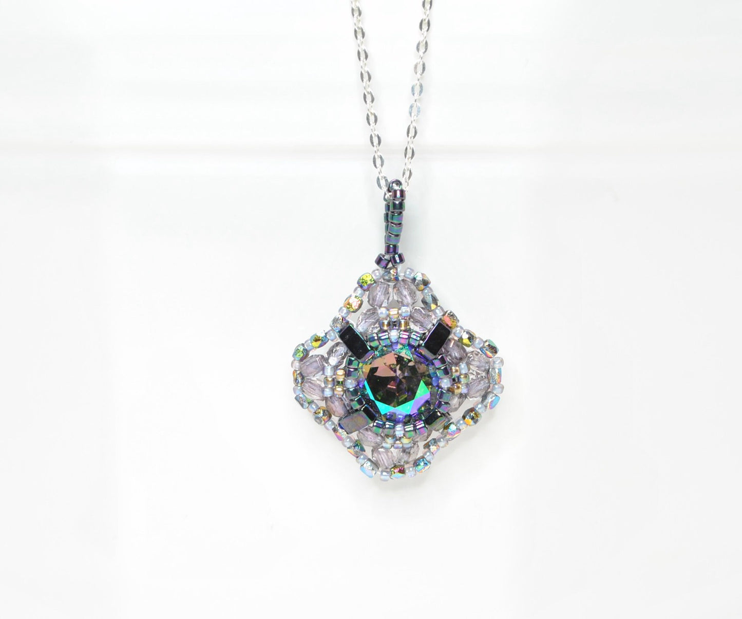 iridescent iris swarovski crystal cushion cut pendant necklace . statement necklace . unique crystal necklace . #015