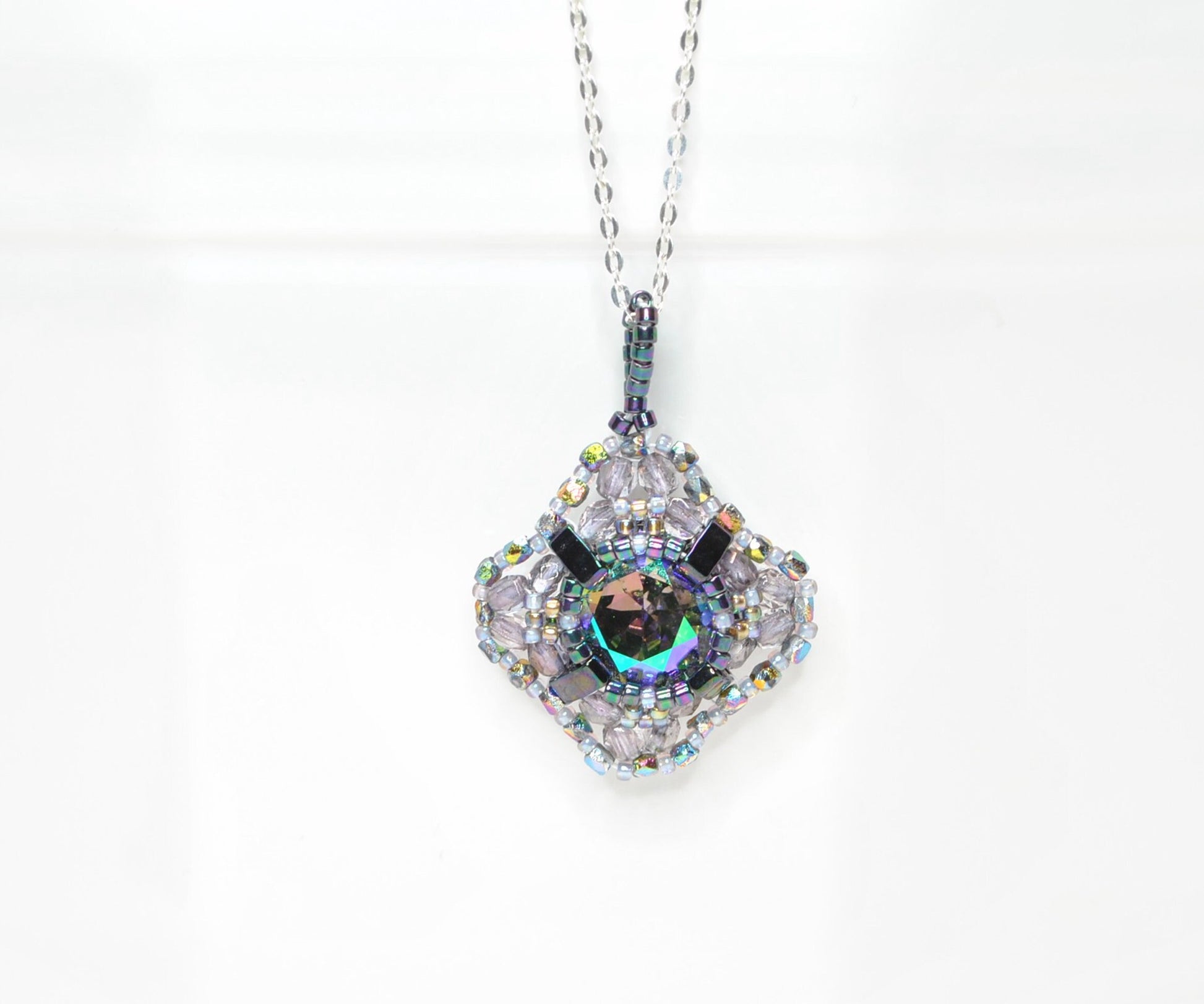 iridescent iris swarovski crystal cushion cut pendant necklace . statement necklace . unique crystal necklace . #015