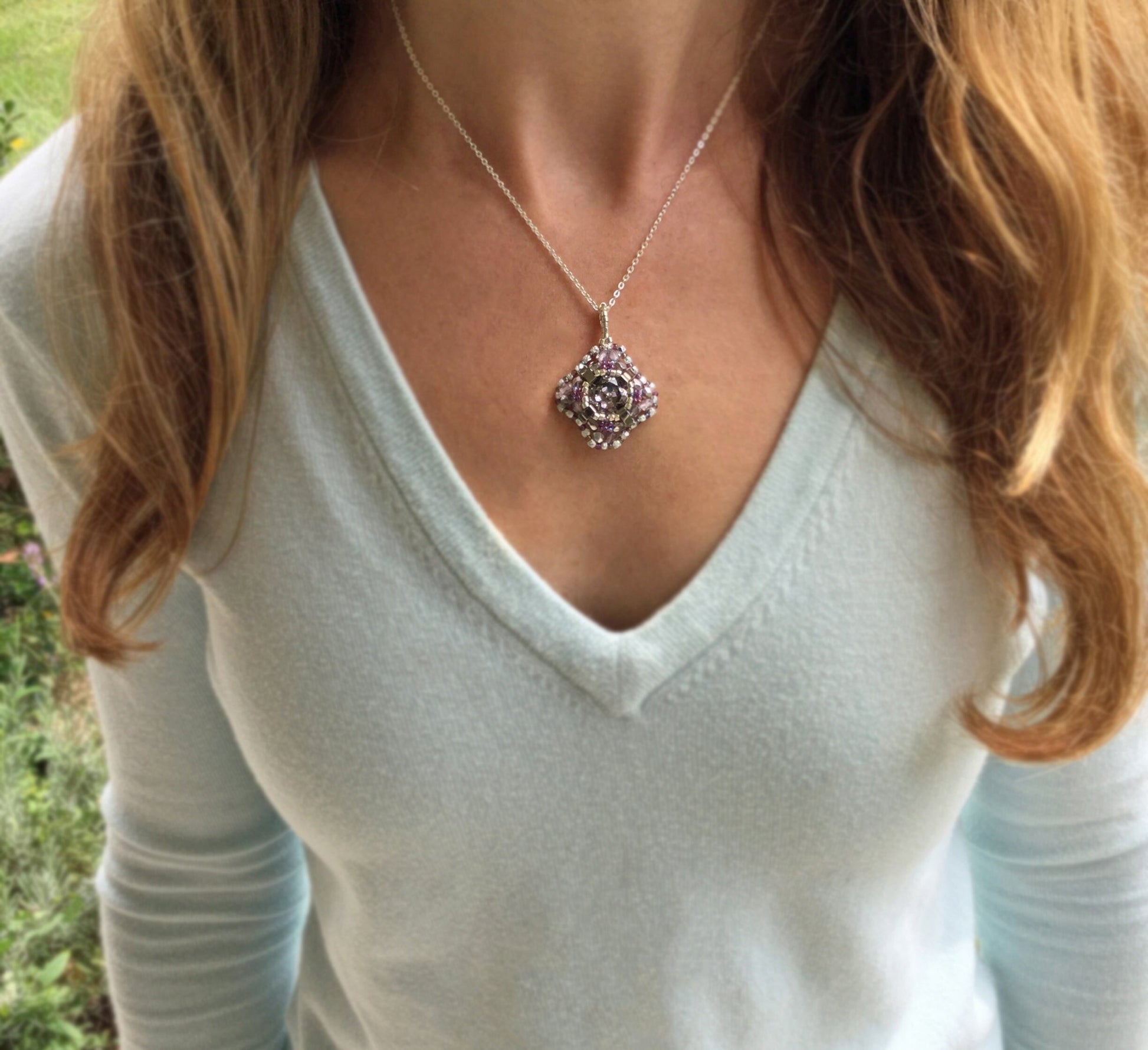 iridescent iris swarovski crystal cushion cut pendant necklace . statement necklace . unique crystal necklace . #015